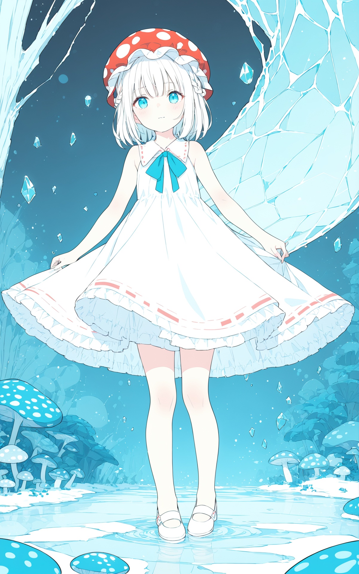 (masterpiece), (best quality), illustration, ultra detailed, hdr, Depth of field, (colorful), loli,1girl,bare shoulders,cold theme,broken glass,broken wall,aqua theme,white hair,blinking,white dress,closed mouth,constel lation,flat color,braid,blinking,white robe,float,closed mouth,constel lation,flat color,looking up,standing,medium hair,standing,solo,In the mushroom forest,wearing (mushroom hats:1.3),big mushroom hats,spotted mushroom hats,lots of white spots,