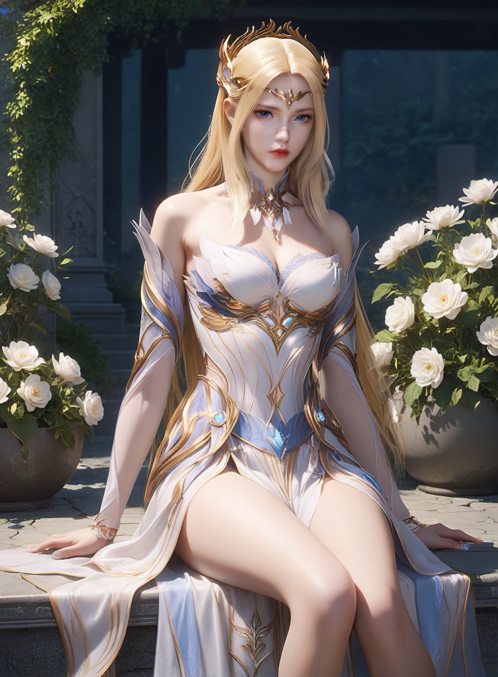 score_9,score_8_up,score_7_up,1girl,solo,long hair,hair_ornament,blonde hair,blue eyes,dress,forehead_mark,thick_thighs,white dress,gaden,flower,sitting,outdoors,<lora:wy_qianrenxue_XL7.0:0.8>,