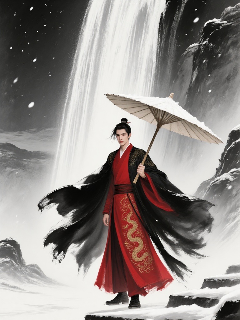 zanghz,A waterfall cascades like a curtain of condensed white silk,plunging from a lofty height and striking stark black cliffs,creating a dramatic interplay of jet-black and pure white. Snowflakes drift through the air, those closest to the viewer blur into luminous specks.,Slightly right of center stands a refined young gentleman. His raven hair is gathered high,a few strands whipping in the winter wind. A deep-crimson inner robe traces his tall frame,while a wide-sleeved black cloak billows around him—its ink-brush edges dissolving into swirling strokes that echo the background's splashed-ink style. Gold thread forms a vivid dragon winding across the red fabric,hinting at both nobility and latent power.,He holds a single oil-paper umbrella. A light dusting of snow rests atop the canopy,and the bamboo ribs and handle lend a warm,organic note amid the austere scene. Dominated by black,white,and red—with accents of gold dragon scales and falling snow—the palette feels at once frigid and fiercely alive. Broad areas of negative space merge with the waterfall's mist,creating an ethereal atmosphere. The fluttering robe and swirling snow infuse motion into the stillness,as if one could almost hear the roar of the falls and the hiss of wind-borne snow.,