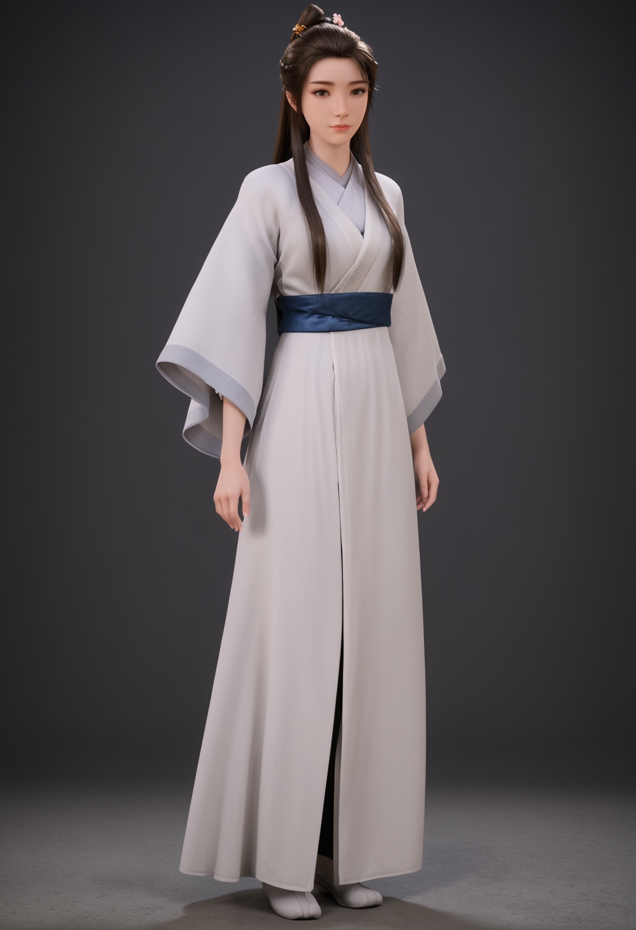 (full_body:1.2),(looking at viewer:1.1),facing viewer,direct gaze,<lora:YQ_pony_xinruyin_V4:0.8>,q1528437228,1girl,solo,long hair,chinese clothes,hanfu,white dress,black hair,brown hair,hair ornament,brown eyes,sash,hair bun,hair flower,black eyes,braid,ponytail,forehead,jewelry,BREAK simple background,pure black background,black background,perfect anatomy,