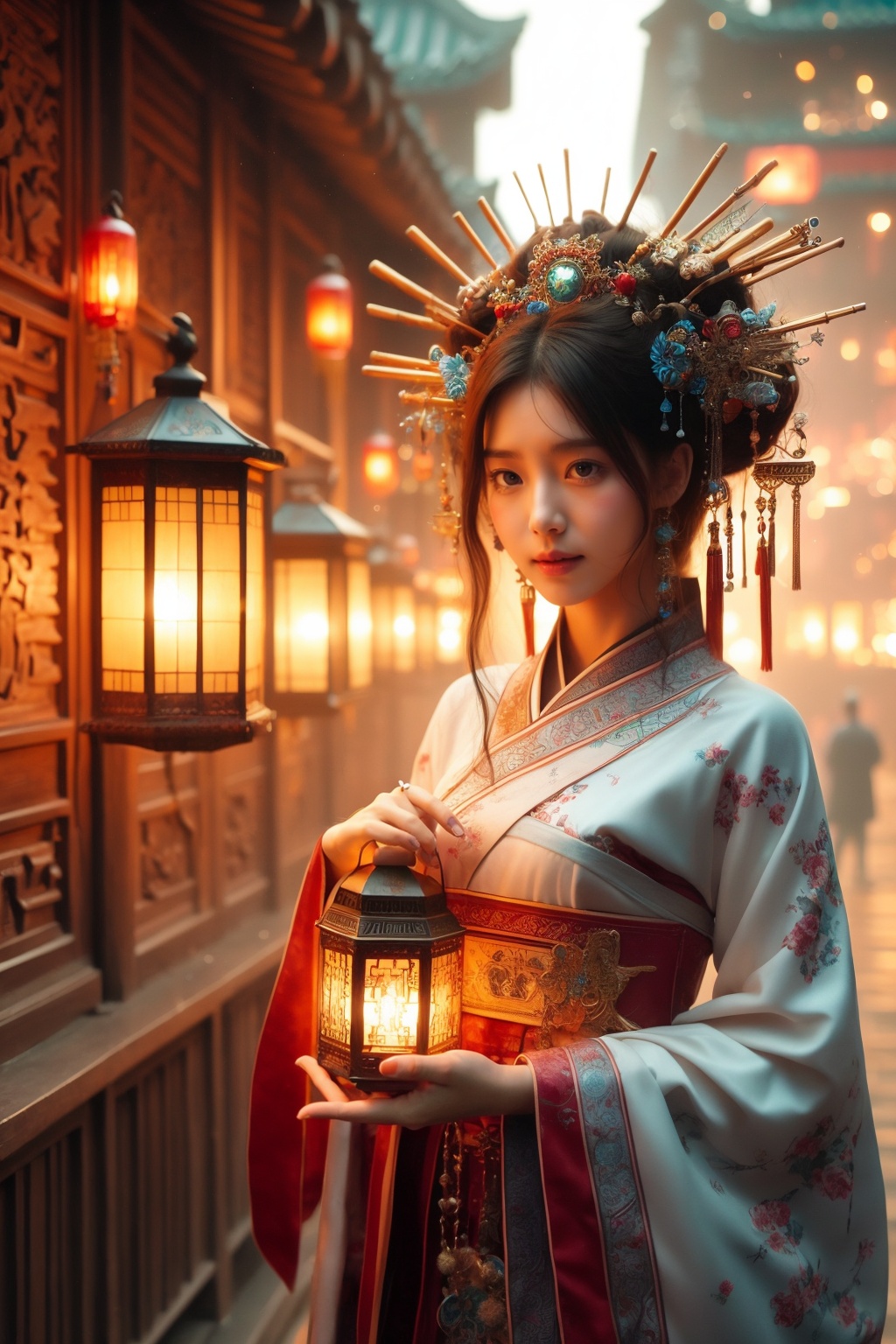asian woman in traditional dress holding a lantern with lights in the background, digital art inspired by Du Qiong, cg society contest winner, fantasy art, chinese girl, [ 4 k digital art ]!!, lantern light<lora:kim_嫣月楼_v1:0.85>