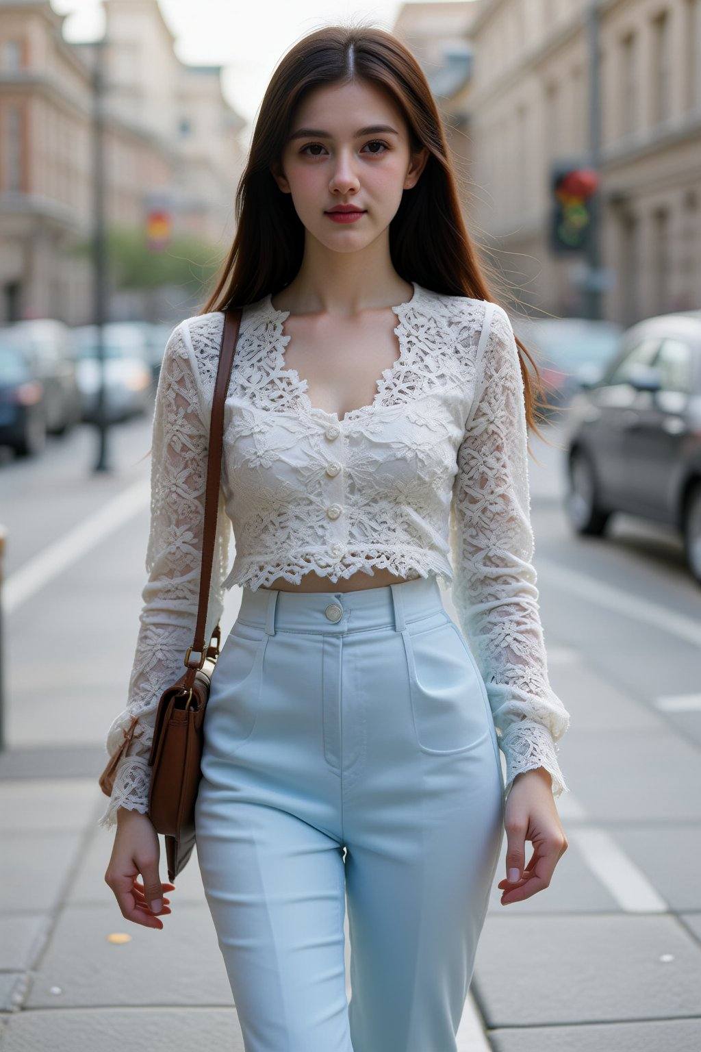 This image features a young woman walking on a city sidewalk.**The Subject:*** She has long,  straight,  dark hair that fa...