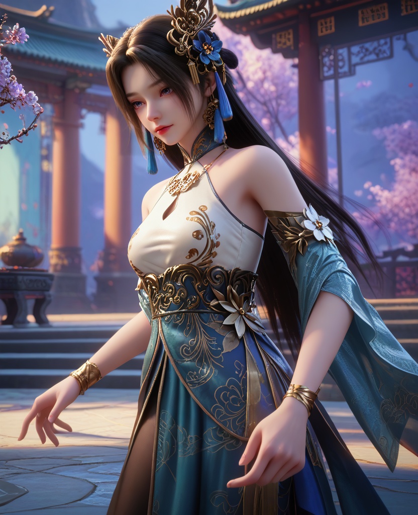 (oriental architecture, elegant decor, sophisticated style:1.1),(practicing archery:1.1),(breasts:1.2),<lora:XL16克金玩家璎珞:0.95>,miss yingluo,blue peplum gown with white corset,violet eyes,black hair,long hair,hair ornament,necklace,jewelry,bracelet,black pantyhose,wide flowing sleeves,faux floral embellishments,, score_9,score_8_up,score_7_up,score_6_up,score_5_up,score_4_up,3d rendering,tag1,tag2, Cinematic Lighting,backlighting,, zPDXL3, zPDXL2,zPDXL, zPDXLxxx, zPDXLrl,