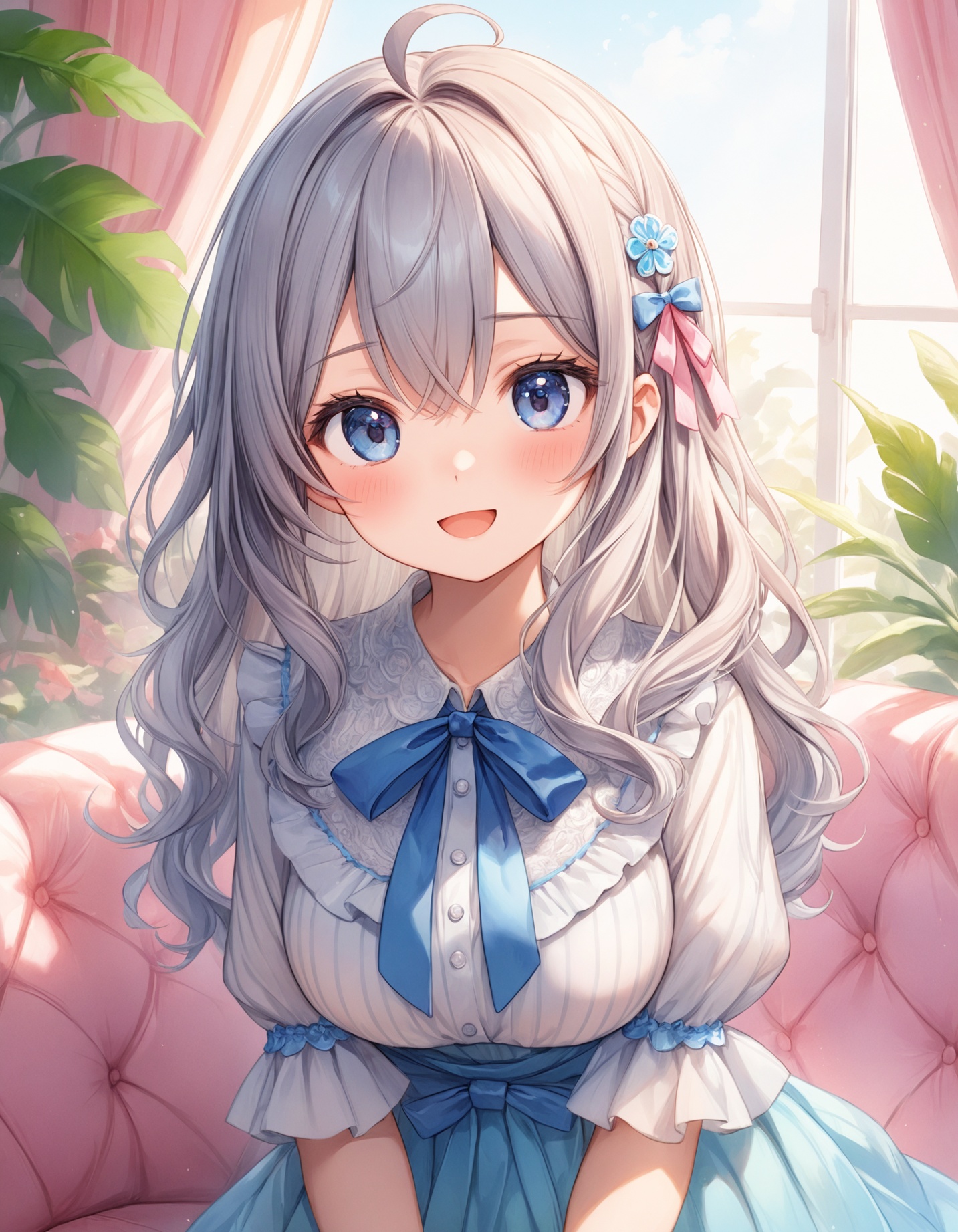 Portrait. Face focus. Shooting from front. A cute girl. . . Detailed dark-blue eyes. Long wavy hair with big ribbon hair o...