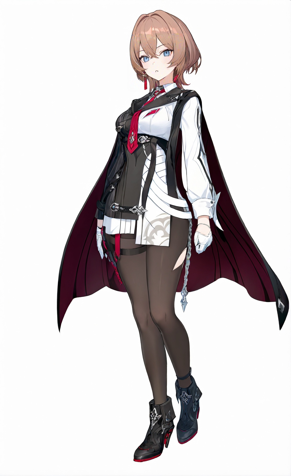 score_9, score_8_up, score_7_up, score_6_up, 8k, 8k, best quality, masterpiece, (ultra-detailed), (high detailed skin), white background, simple background, (full body), (white background:1.2), standing, looking at viewer, (solo), hand on hip, <lora:Lantern-kohaku-Tanger:0.8>, dengsfl, def clothes, brown hair, 1girl, blue eyes, red necktie, gloves, pantyhose, black footwear, 