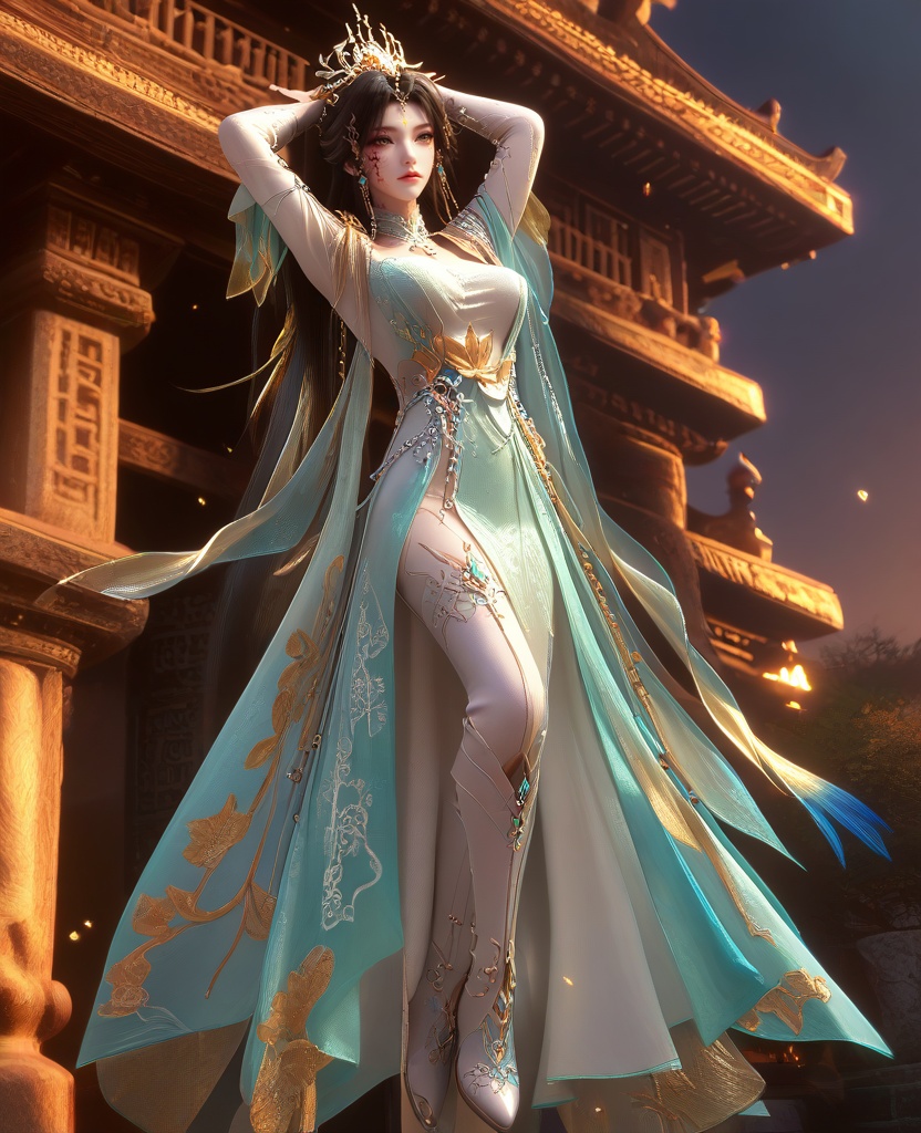 (oriental architecture, elegant decor, sophisticated style:1.1),(Raised arms, legs bent,:1.1),full body,(large breasts:1.2),shoes,<lora:XL16云深不知梦羲和四相融合:0.95>,miss xihe,cyan hanfu coat over white base dress,yellow hagoromo,yellow eyes,facial mark,black hair,half-up ponytail with long cascading hair,very long hair,hair ornament,jewelry,collar,faux floral embellishments,white leggings,white boots,, score_9,score_8_up,score_7_up,score_6_up,score_5_up,score_4_up,3d rendering,tag1,tag2, Cinematic Lighting,backlighting,