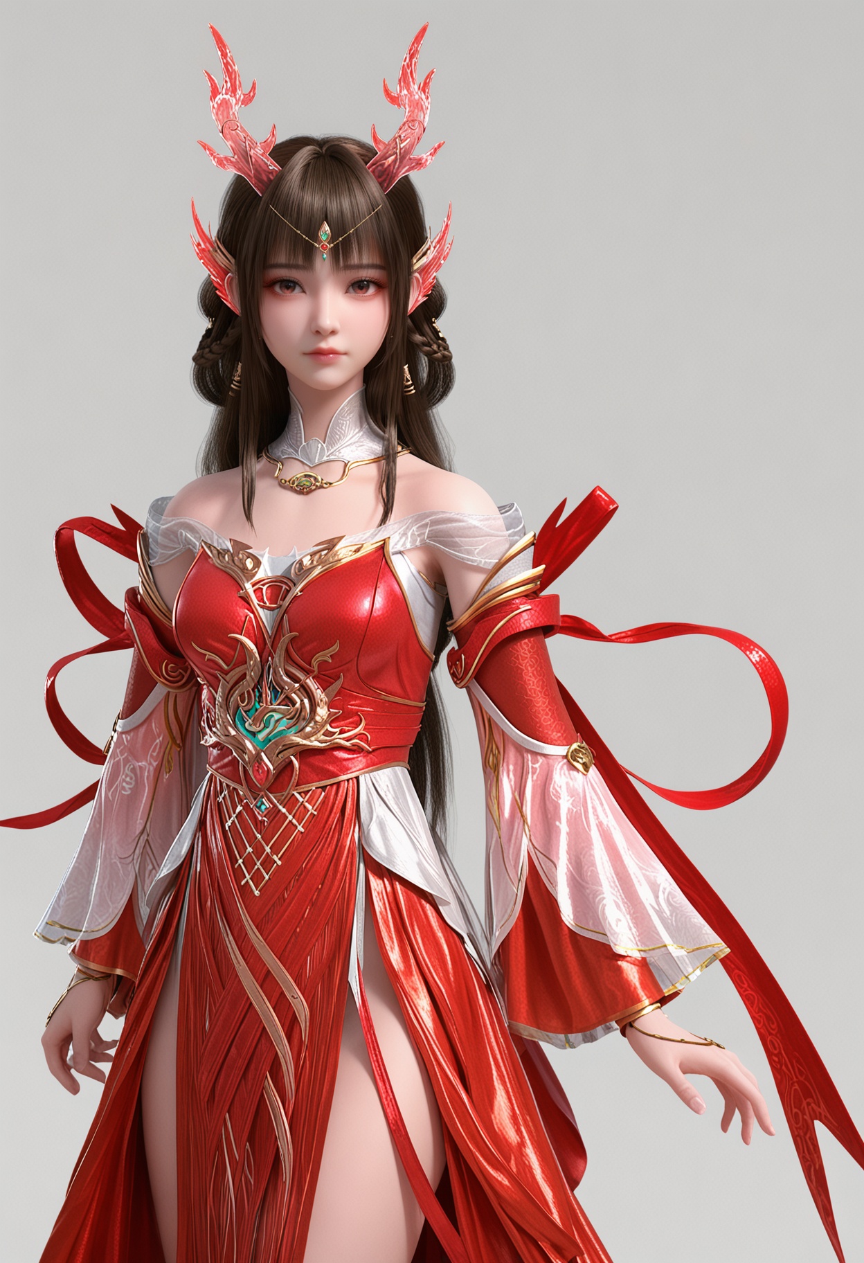 score_9,high detail,best quality,shiny skin,shiny,yunluolygz,1girl,solo,brown eyes,brown hair,long hair,white background,hair ornament,red dress,dress,closed mouth,dragon horns,bare shoulders,jewelry,detached sleeves,simple background,detached collar,braid,realistic,long sleeves,hair rings,looking at viewer,thighs,<lora:QQSponyyunluolygzV1:0.8>,<lora:Pony_DetailV2.0:0.8>,<lora:皮肤凹痕:0.1>,