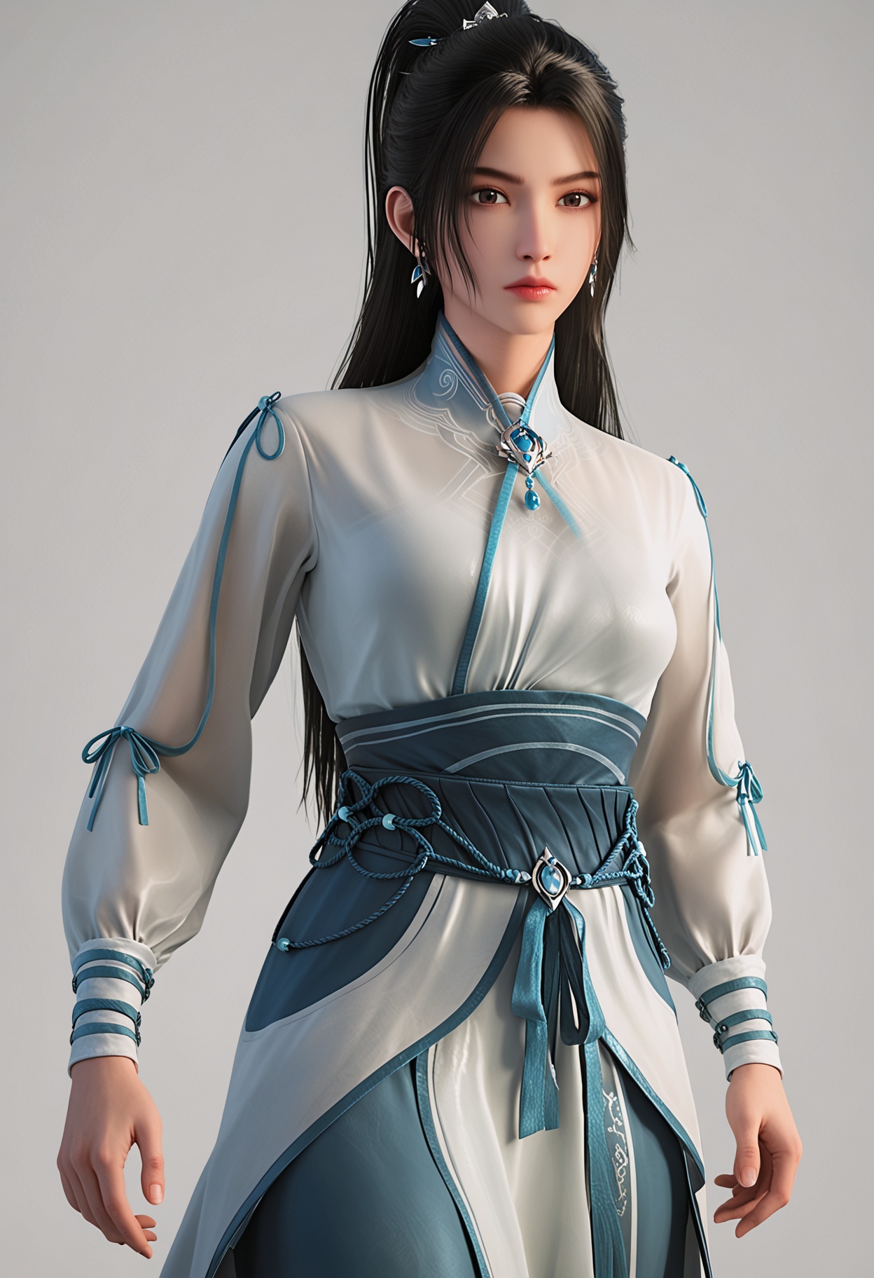 score_9,high detail,best quality,cinematic lighting,volumetric lighting,shiny skin,shiny,ningyao,1girl,solo,brown_eyes,earrings,white background,black hair,jewelry,long hair,hair_ornament,breasts,sash,dress,long sleeves,expressionless,ponytail,simple background,white dress,realistic,ponytail,hair ribbon,looking_at_viewer,thighs,<lora:QQSponyningyaoV1:0.8>,<lora:Pony_DetailV2.0:0.8>,<lora:皮肤凹痕:0.1>,