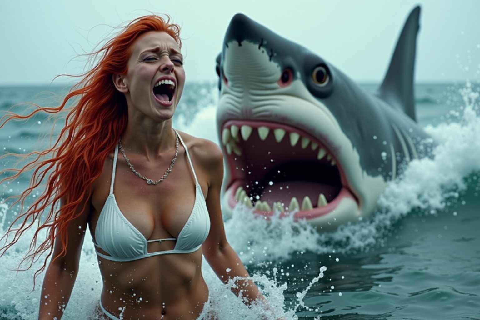 Woman with striking red hair screaming in fear,  white bikini,  flowing hair on Tensor.Art