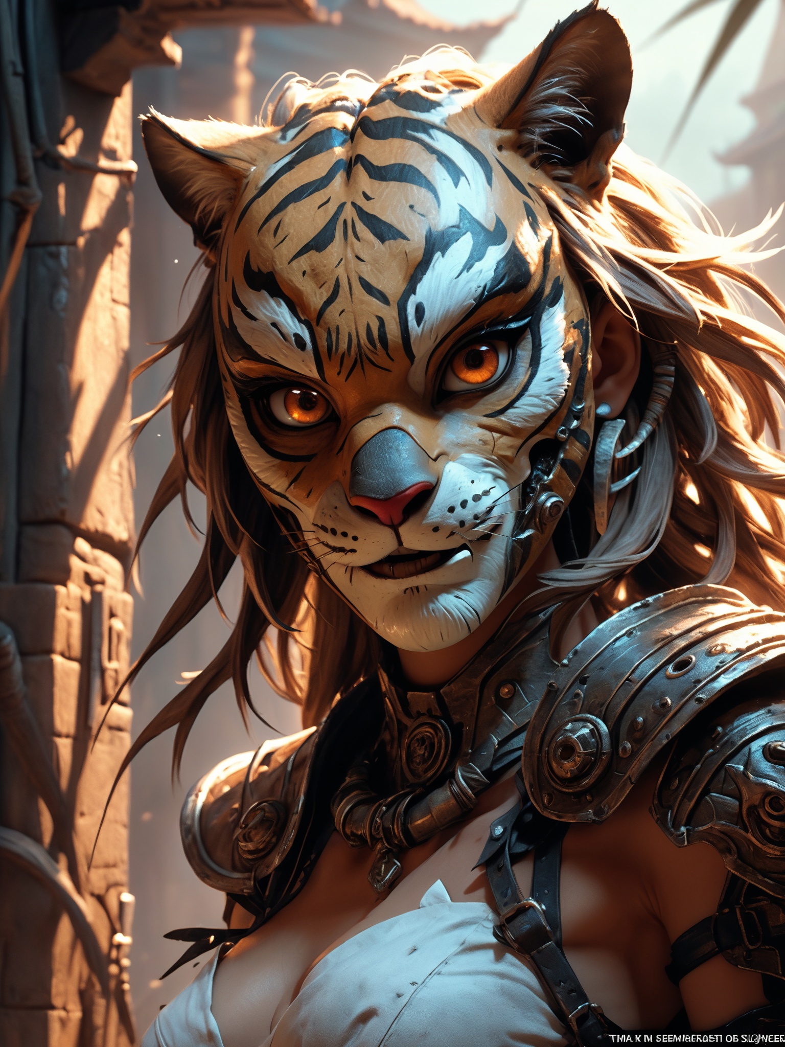 Comic's Luis Royo style,  human wearing a mask made of steel,  face figure a tiger on Tensor.Art