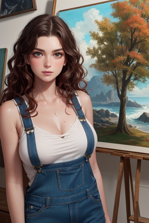 (masterpiece,best quality:1.5),ultra realistic,32k,RAW photo,(high detailed skin:1.2), 8k uhd, dslr, soft lighting, high quality, film grain,Light caustics ,(🌊,🌋),🌲, lady,(moss overalls, camisole:1.1),long hair, (wavy hair, deep red hair),summer day, in the painting studio,messy drawings,medium  breast,autumn day,(🍁:1.1), Working,sweaty,gorgeous light and shadow, stunning environment,(vibrant colors:1.2),palettes, paintbrushes, paint splatters,
