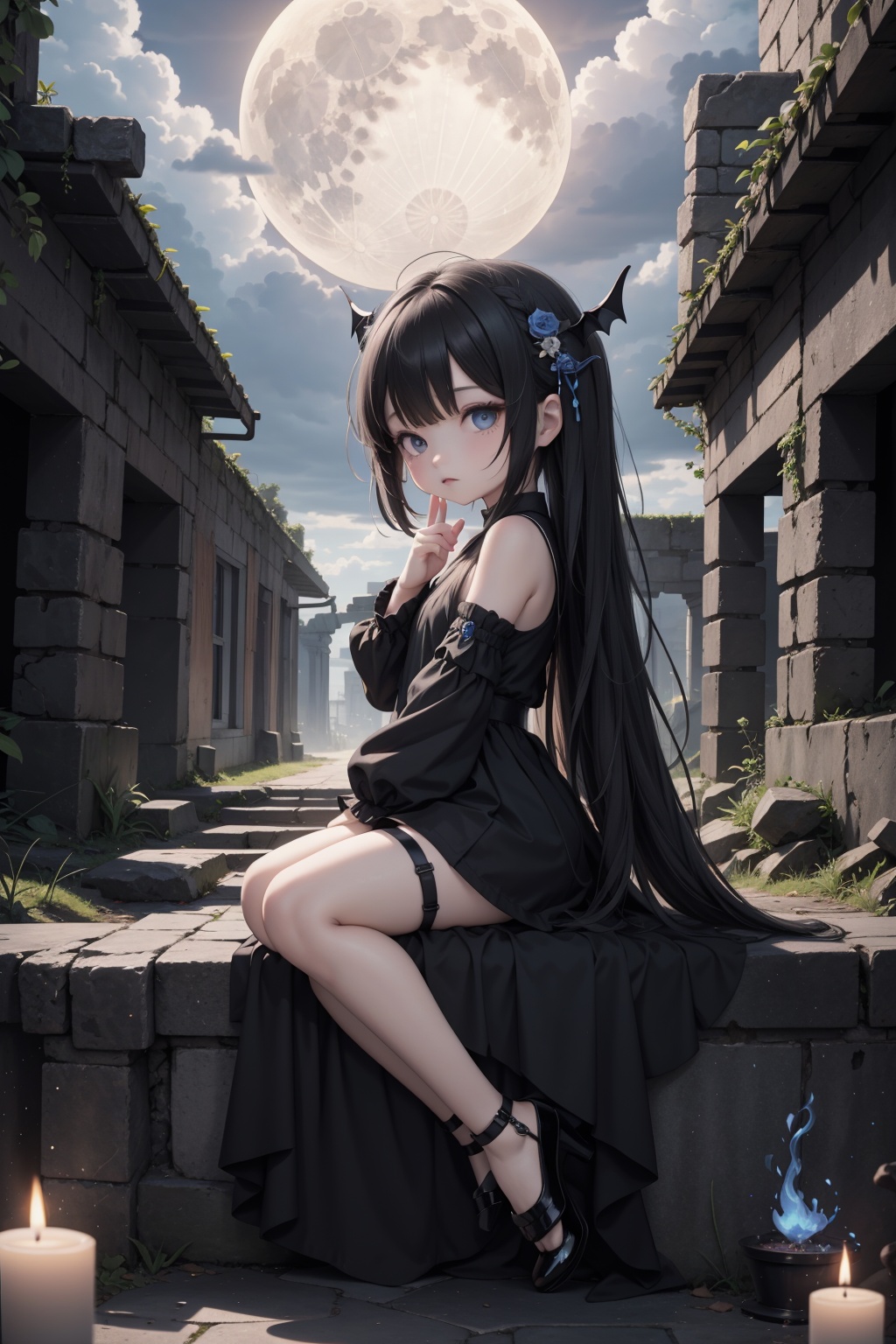 .,(loli:1.5),(5yo:1.5),(very_long_hair,:1.3),masterpiece,best quality,1girl,solo,a pale face,blue eyes,black qipao,(head_tilt:1.3),(single handed support head:1.3),big long legs,crossed_legs,high_heels,(from_side:1.3),(from_below:1.3),throne BREAKbat,who has seen the wind,crow,moon,dark clouds,the blue rose,blood,human skeleton,BLUE FLAME BREAK(chain ring, chain storm, dark chain,((wholeblack bloomer)), darkside, night, deep dark, darkness, ((dark clouds)),((ruins)),shadow, death garden:0.9),be outstanding at a given time,