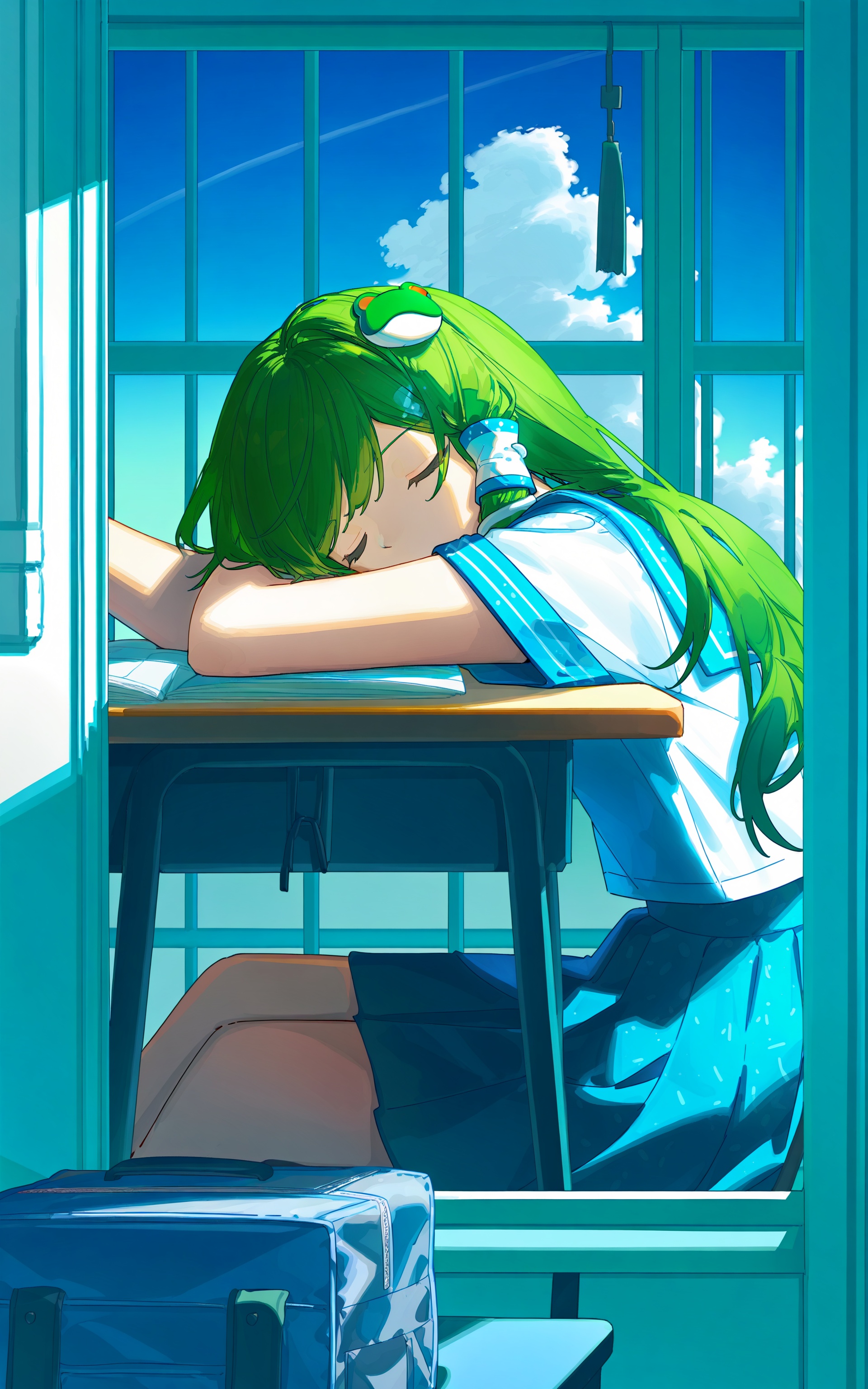 kochiya sanae, 1girl, school uniform, solo, frog hair ornament, hair ornament, skirt, cloud, long hair, green hair, sleeping, serafuku, desk, snake hair ornament, closed eyes, sky, blue skirt, school bag, indoors, bag, blue sky, sitting, shirt, day, white shirt, short sleeves, school desk, alternate costume, window, pencil case, chair, hair tubes