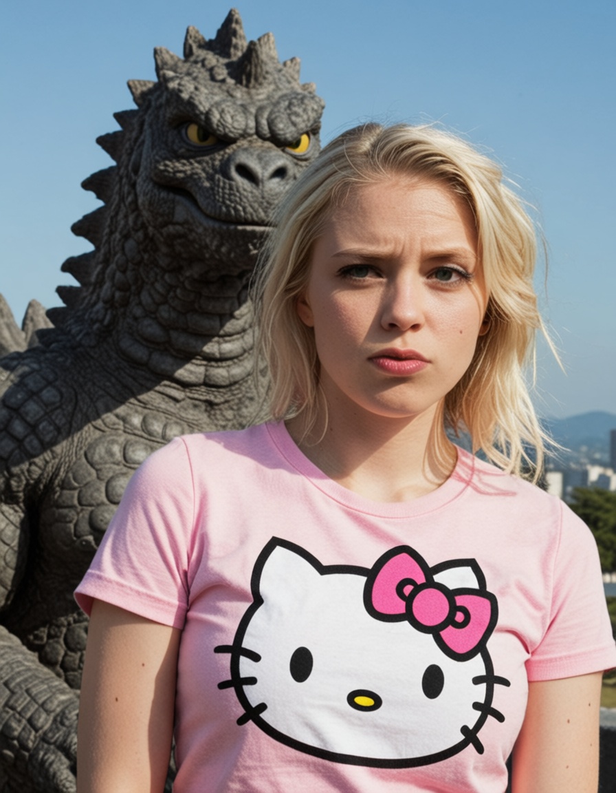 beautiful blonde girl with a pink hello kitty t-shirt,  godzilla in the background is judging you too on Tensor.Art