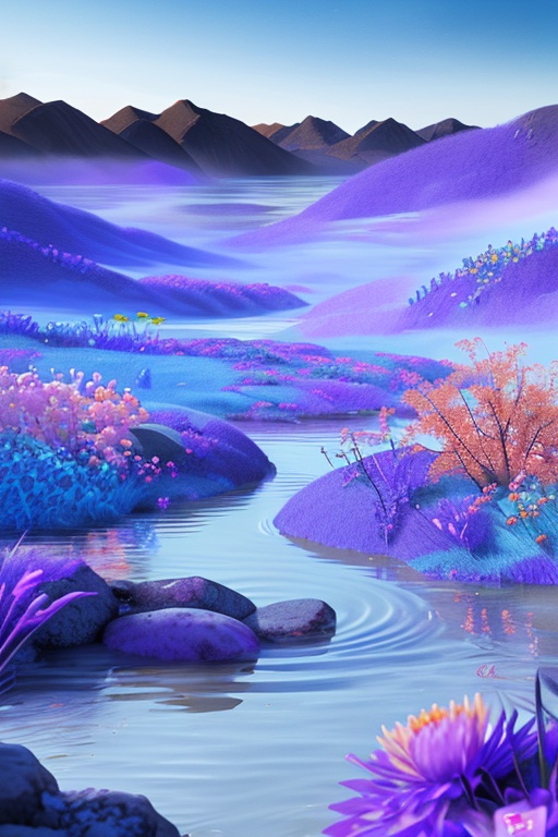 pd_3dcaodi,Outdoor,no humans,landscape,sky,flowers,blue sky,mountains,water,rocks,purple blue grass,<lora:PD_3Dcaodi_V1-000014:0.7>,