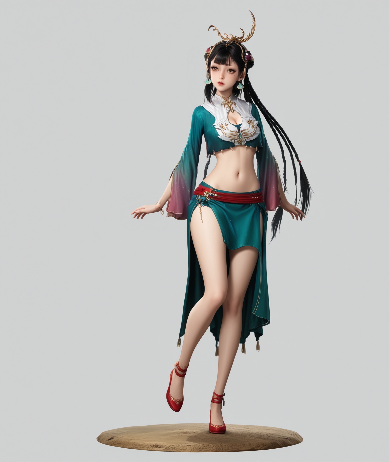 (score_9),masterpiece,best quality,absurdres,highres,BREAK(glamor:1.1),slender,white_skin,(fair_skin:1.1),<lora:仙清儿-ill:0.83>,1girl,solo,black hair,braid,hair ornament,long hair,jewelry,earrings,slit pupils,brown eyes,mole under eye,bangs,light blush,navel,groin,(mound_of_venus),midriff,long skirt,skirt,shorts,black thighhighs,shoes,red footwear,collarbone,(large breasts),puffy chest,cleavage,looking at viewer,standing,BREAKsimple background,white background,