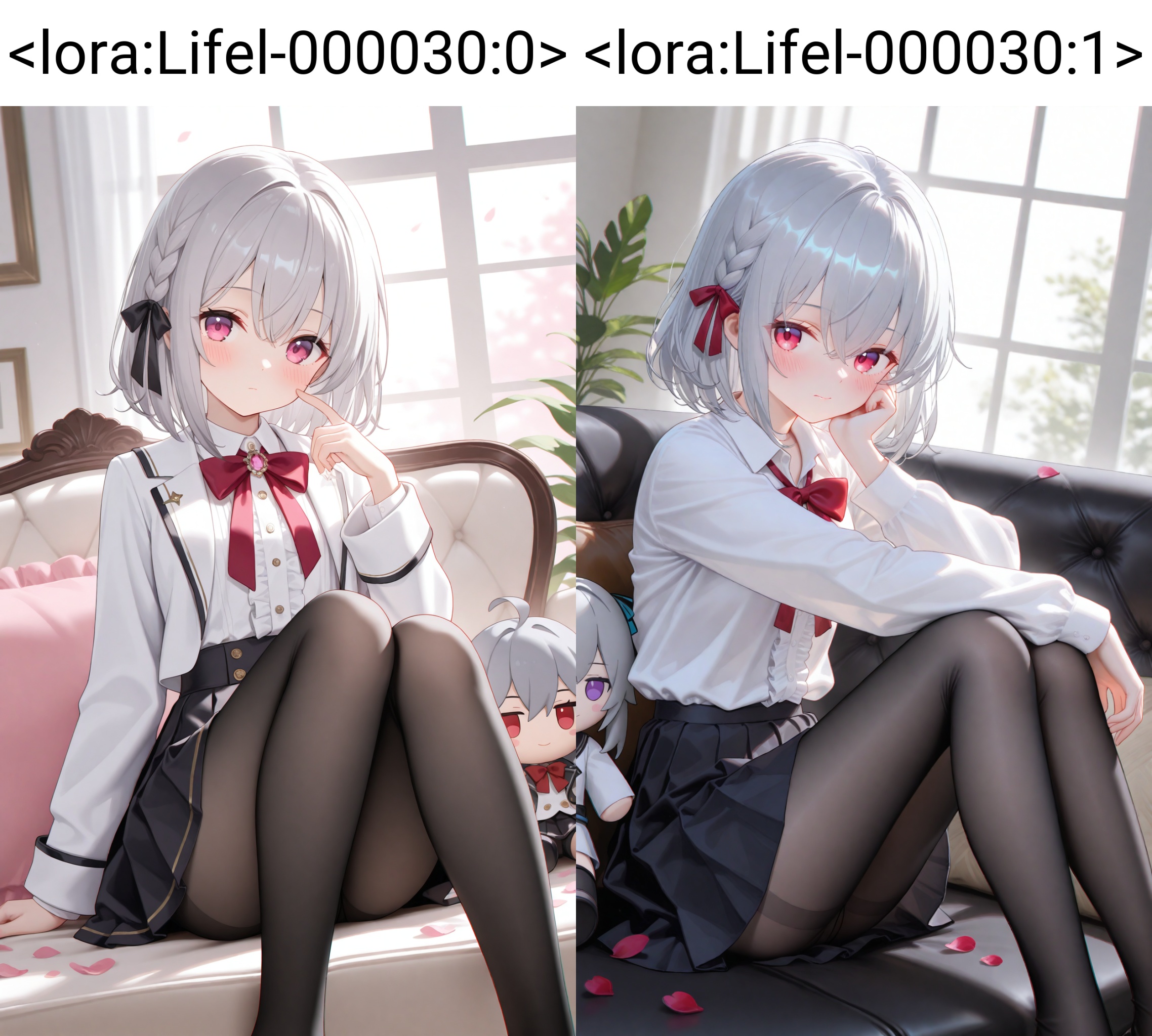 masterpiece,absurdres,best quality,high quality,chromatic_aberration,pantyhose, 1girl, solo, character doll, sitting, braid, blush, shirt, long sleeves, looking at viewer, skirt, black pantyhose, bow, red bowtie, pink eyes, red bow, feet out of frame, white shirt, bowtie, medium hair, knees up, closed mouth, grey hair, layered sleeves, indoors, ribbon, petals, jacket, frills, side braid, couch, white hair, window, dutch angle, hand up, neck ribbon, hair between eyes, red eyes, plant, stuffed toy, white jacket, on couch, finger to cheek, knees together feet apart, open clothes, black skirt, pleated skirt, center frills, purple eyes, short hair, collared shirt <lora:Lifel-000030:0>