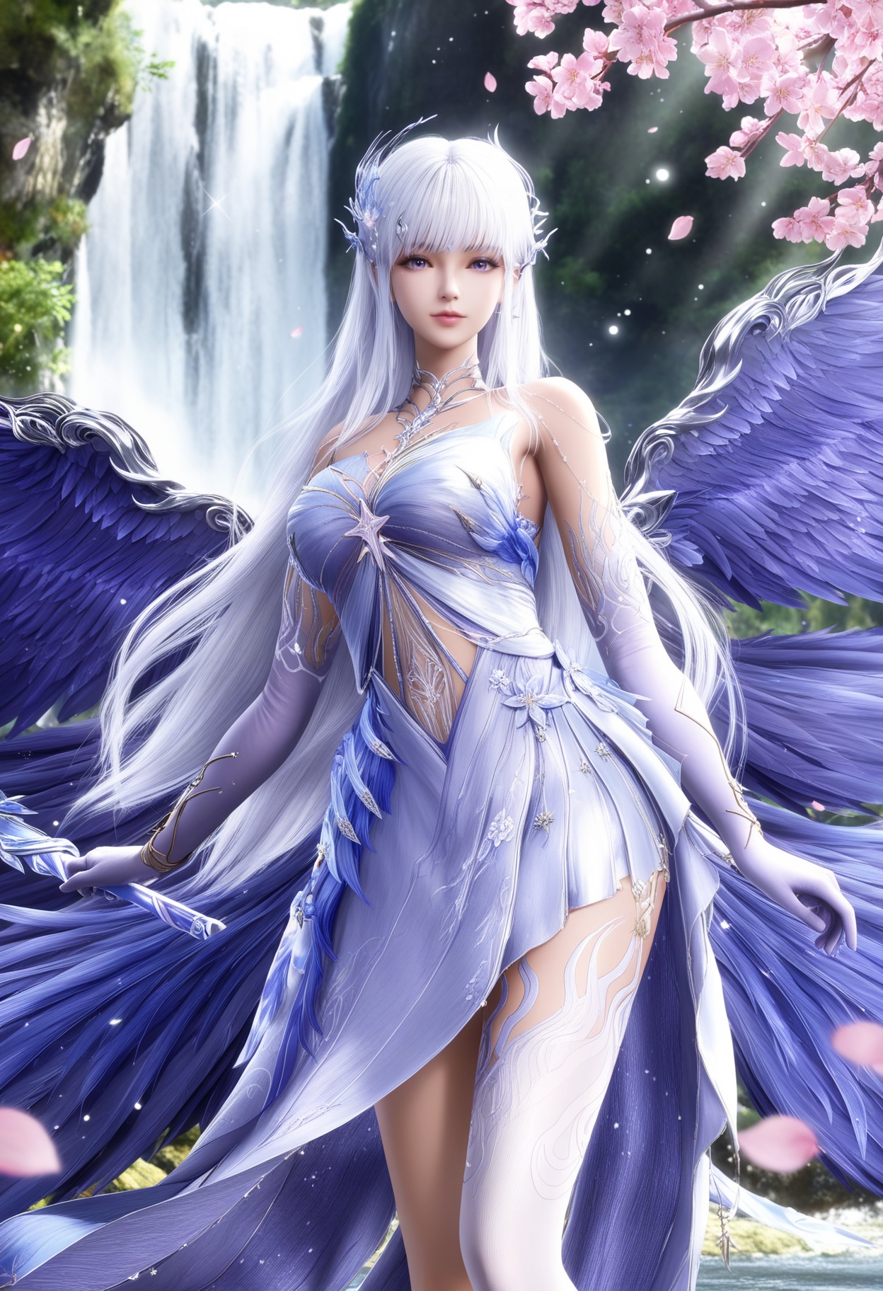 masterpiece,best quality,amazing quality,high resolution,ultra-detailed,absurdres,(looking at viewer:1.1),upper body,(moody lighting:1.1),waterfall,peach blossom,falling petals,(large breasts:0.8),shengcaiersz,1girl,solo,dress,long hair,white hair,wings,bare shoulders,white dress,purple eyes,hair ornament,jewelry,gloves,single thighhigh,high heels BREAK photorealistic details,sparkling particles,metallic luster,<lora:QQSillshengcaierszV1:0.8>,