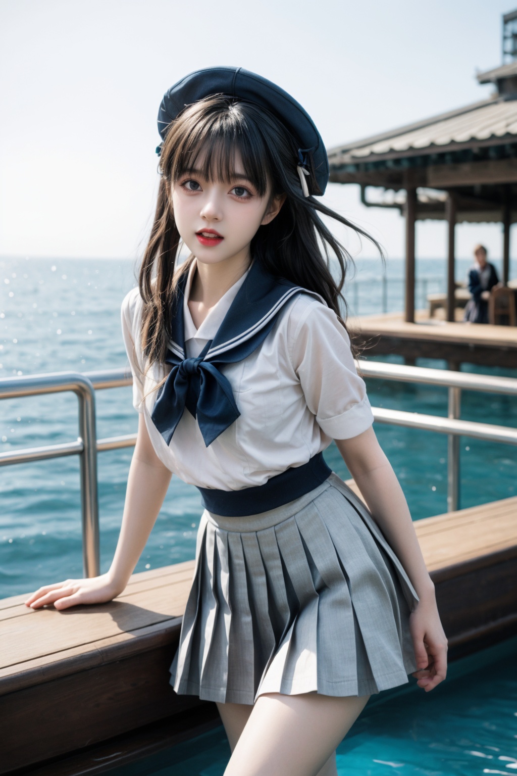ocean,water,multiple_girls,fish,serafuku,bubble,caustics,skirt,pool,boat,watercraft,school_uniform,long_hair,waves,fubuki_\(kancolle\),hat,ushio_\(kancolle\),sailor_collar,short_hair,pleated_skirt,open_mouth,