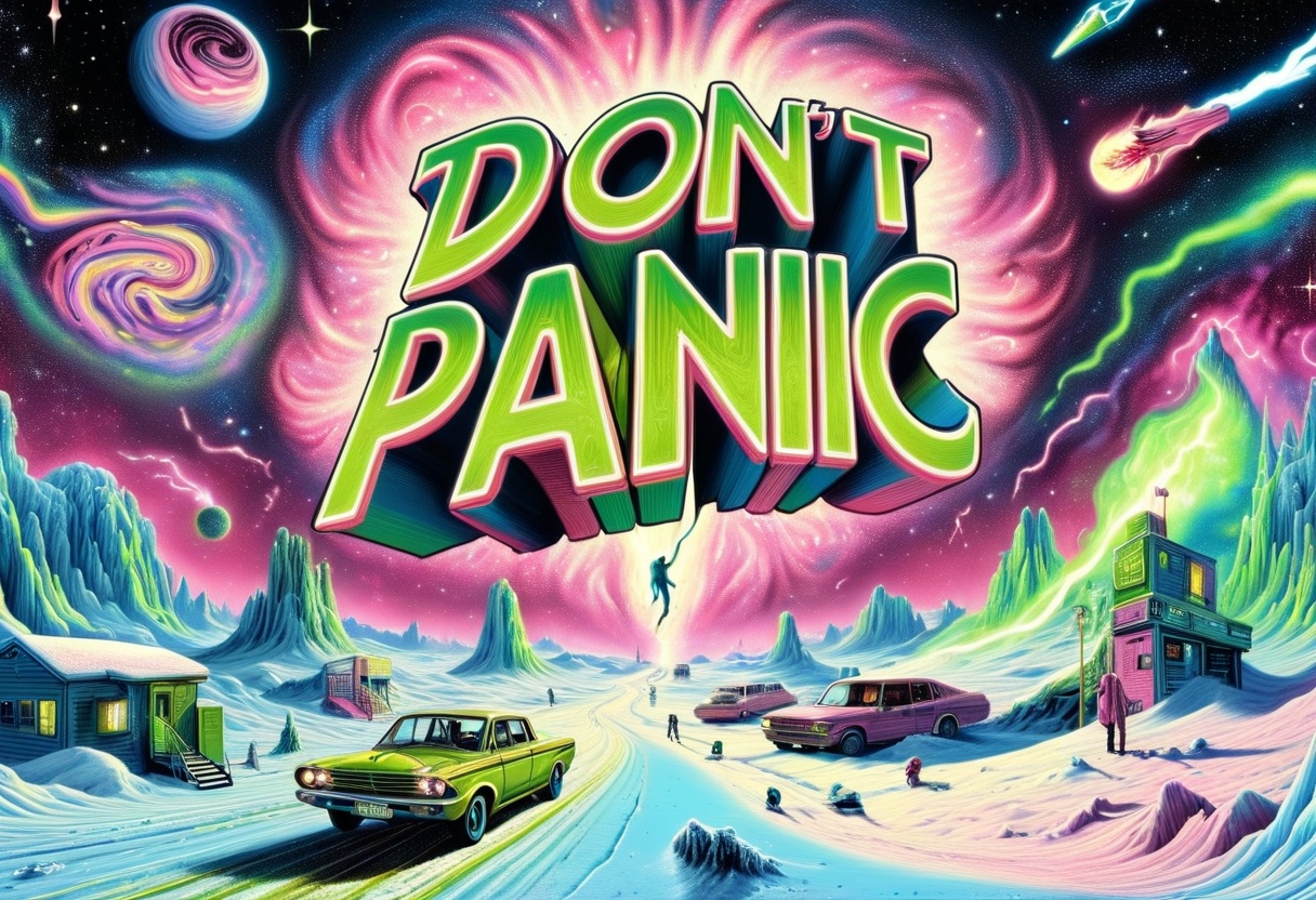 DonMD0n7P4n1cXL,  text "DON'T PANIC!",  hyper detailed masterpiece on Tensor.Art