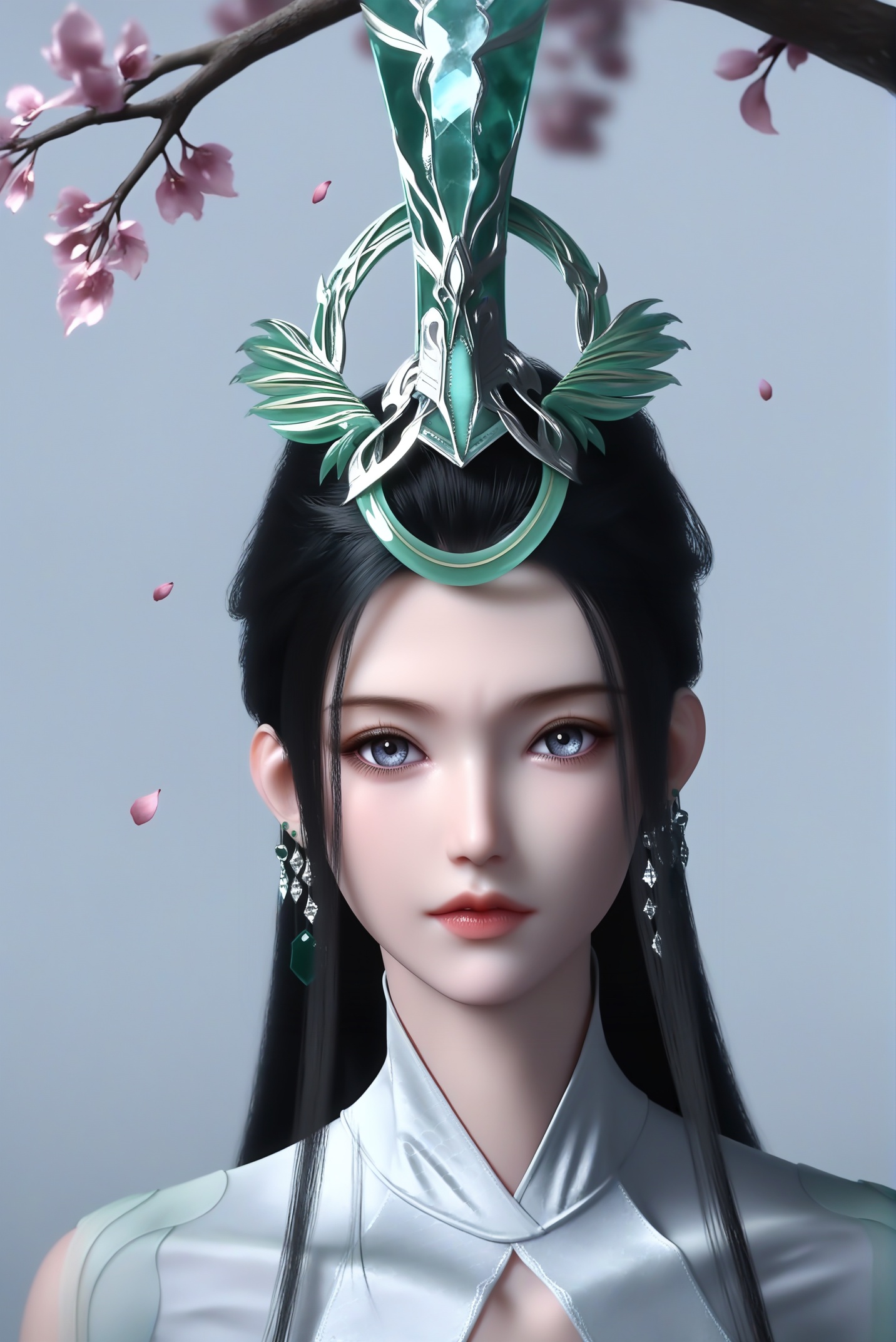 (score_9),collarbone,(glamor:1.1),narrow waist,<lora:陆嫁嫁pony-v2:0.83>,long hair,black hair,jade headdress,crystal earrings,headdress,BREAKlooking at viewer,front view,simple background,white background,twig,branch,falling petals,masterpiece,best quality,absurdres,highres,hd,letterboxed,<lora:a修手:0.8>,
