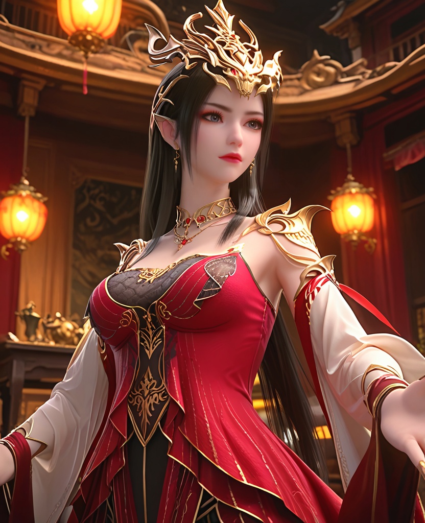 (oriental architecture, elegant decor, sophisticated style:1.1),(Arms stretched overhead, reaching for the sky:1.1),(breasts:1.2),<lora:XL斗破苍穹美杜莎女王装:0.85>,meidusha queen,red fringed dress layered on top of lace corset bra,red fringed dress,lace corset bra,shoulder armor,bare shoulders,pointy ears,crown,black hair,long hair,jewelry,earrings,necklace,detached sleeves,pantyhose,lace inner skirt,blue eyes,, score_9,score_8_up,score_7_up,score_6_up,score_5_up,score_4_up,3d rendering,tag1,tag2, Cinematic Lighting,backlighting,