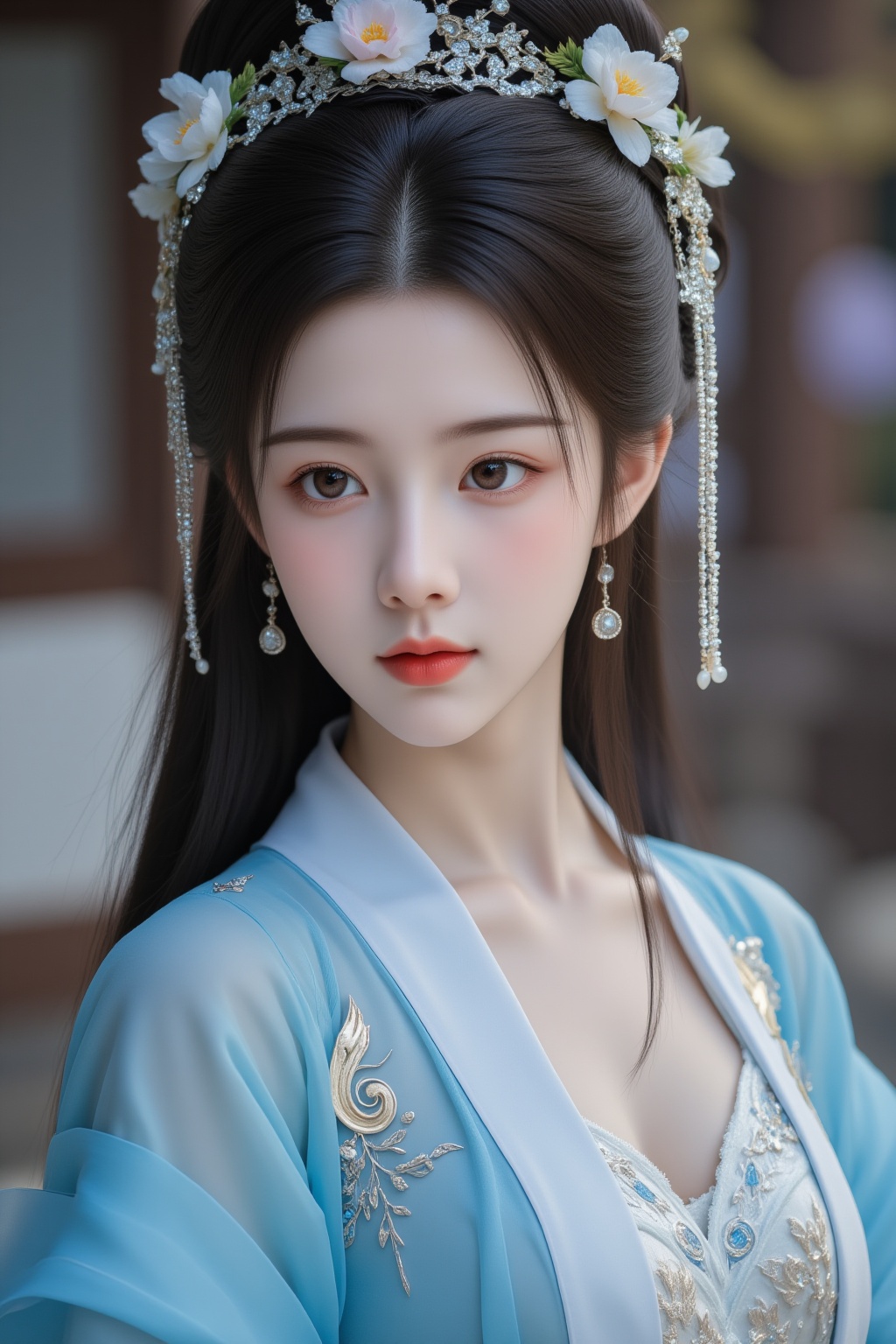 cinematic photo 1girl, teenage, jewelry, long hair, earrings, solo, closed mouth, black hair, brown eyes, looking at viewer, blue hanfu, outdoors,