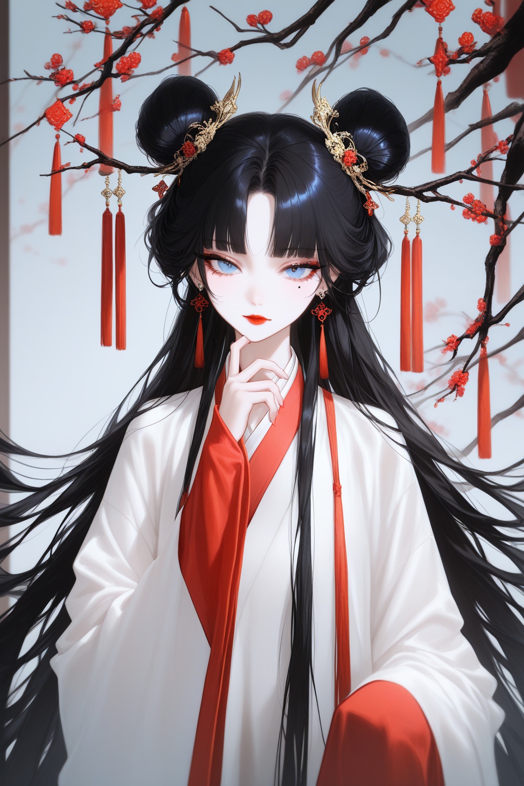 masterpiece, best quality, Good quality, very aesthetic, absurdres, newest, 1girl, solo, long_hair, looking_at_viewer, blue_eyes, black_hair, long_sleeves, closed_mouth, jewelry, upper_body, earrings, hand_up, hair_bun, mole, sleeves_past_wrists, mole_under_eye, double_bun, chinese_clothes, sleeves_past_fingers, branch, red_lips, hanfu,