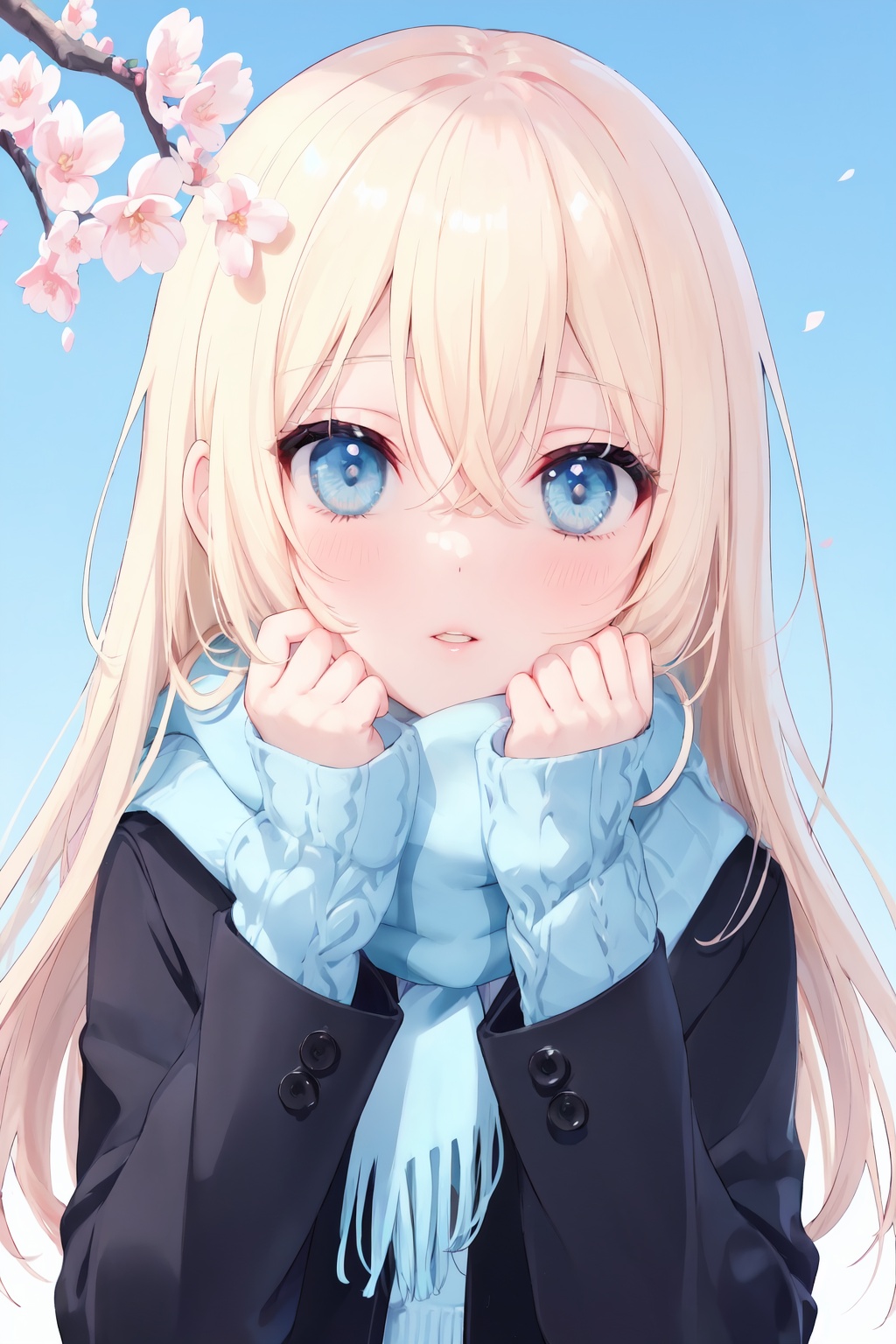 1girl, blonde hair, long hair, flower, solo, blue eyes, sweater, looking at viewer, scarf, breath, parted lips, bangs, long sleeves, hair flower, gradient, upper body, hair ornament, hair between eyes, gradient background, blue scarf, sleeves past wrists, jacket, bandaid, pink flower, blue sweater, branch, blue background, hands on own face, cherry blossoms, animal, hands up, black jacket, blush, bright eyes, clear eyes, mi-style