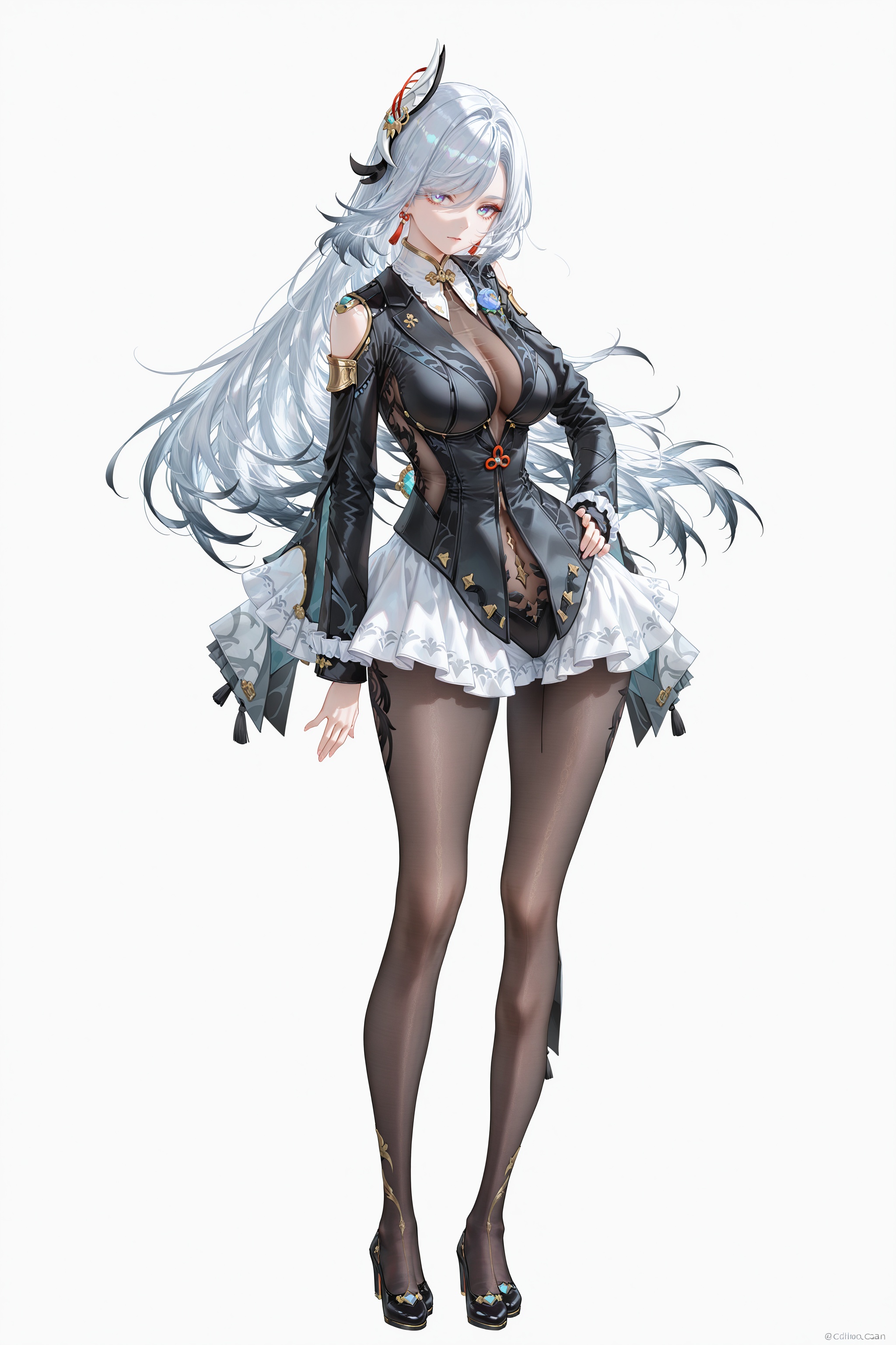 8k,best quality,masterpiece,(ultra-detailed),(high detailed skin),((artist:reoen),(artist:fuzichoco),(artist:atdan),(artist:torino_aqua),year 2024:0.8)1girl,[artist:wlop],[artist:ningen_mame],artist:ciloranko,[[artist:rhasta]],artist:tidsean,colorful,jijia,2d,ambient light,full body,full shot,standing,looking at viewer,(solo:1.2),simple background,(white background:1.2),hand on own hip,(white background:1.1),shenhe \(genshin impact\),<lora:yixuan-moxin-ill-Tanger:0.9>,clothes: moxing black suit,white  ruffled underdress peeks,attached auxiliary sleeves,black pantyhose,