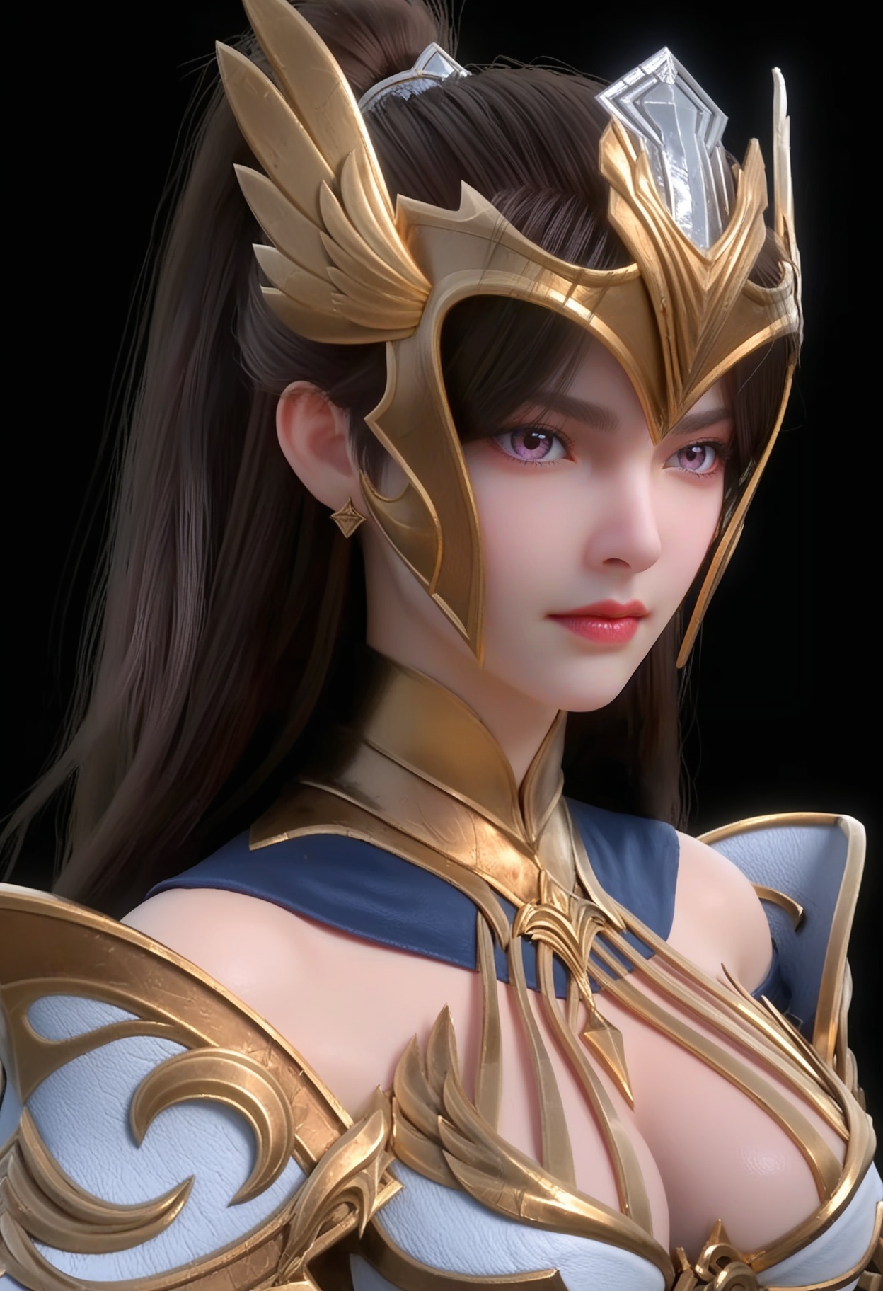 (upper_body:1.2),score_9,score_8_up,masterpiece,(best quality),intricate details,facing viewer,(looking at viewer:1.1),<lora:YQ_pony_nvzhanshen_V4:0.8>,q1528437228,1girl,solo,long hair,armor,black hair,shoulder armor,gauntlets,brown hair,ponytail,helmet,pauldrons,armored dress,hair ornament,breastplate,gloves,gorget,purple eyes,blue eyes,dress,vambraces,boots,brown eyes,armored boots,cape,BREAK(score_9:1.2),(score_8_up:1.2),masterpiece,best quality,very aesthetic,perfect anatomy,(hourglass),perfect face,(simple background,pure black background,black background:1.1),fair_skin,(shiny_skin:1.1),Ivory_skin,