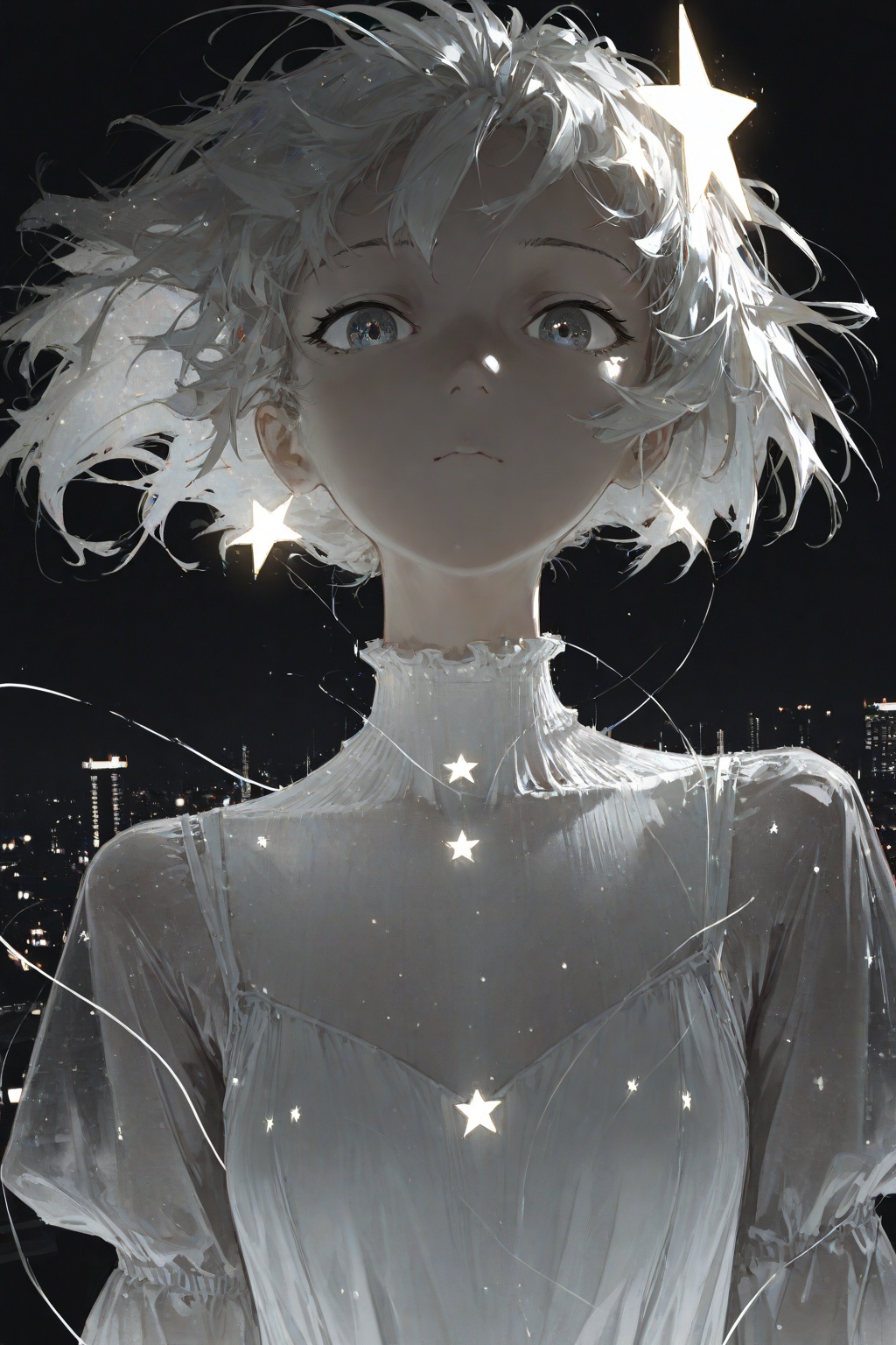 masterpiece,best quality,amazing quality,very aesthetic,absurdres,newest,highres,dino_(dinoartforame),1girl,close-up,looking_at_viewer,neon,loose_sleeves,glitch_art,glitch_effect,black_background,scanlines,monochrome,power_lines,wide_shot,reddish_sky,grassy_hill,neutral_expression,star_hair_accessory,city_lights,simple_background,skyline_view,stylish,dark_theme,flowing_white_dress_with_translucent_layers,soft_glow,ethereal_aura,aesthetic_pixelation,foliage_in_background,misty_vibes,