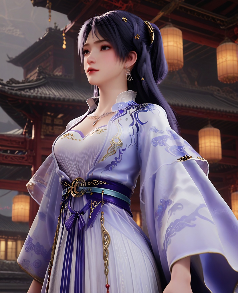 (oriental architecture, elegant decor, sophisticated style:1.1),(shushing:1.1),(breasts:1.2),<lora:XL16遮天姬紫月宫装:0.95>,miss jiziyue,pastel blue wrap coat,white see-through lining dress,sash,dark purple hair,high tie half ponytail,long hair,hair ornament,earrings,necklace,lips,, score_9,score_8_up,score_7_up,score_6_up,score_5_up,score_4_up,3d rendering,tag1,tag2, Cinematic Lighting,backlighting,