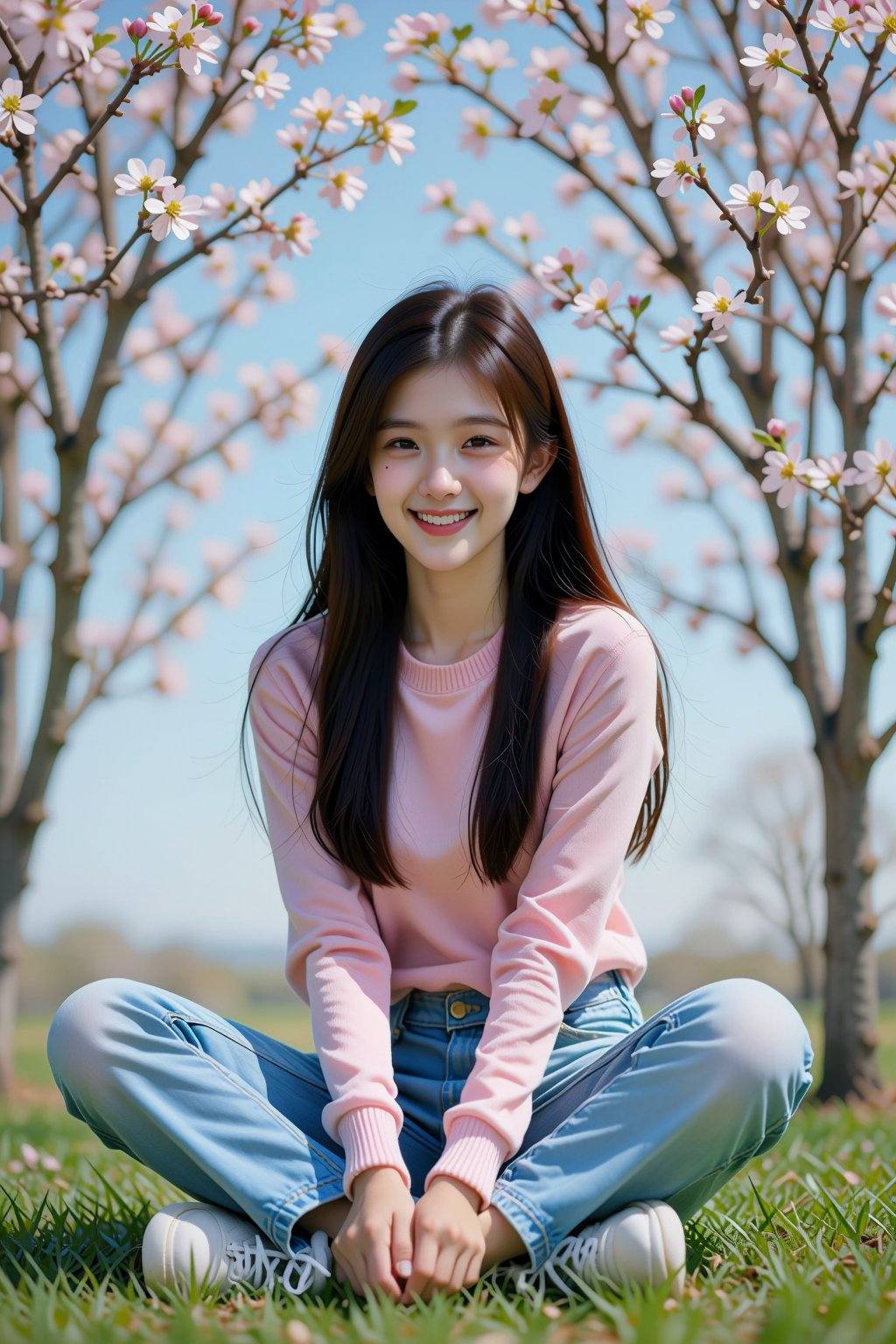 The image features a photograph of an Asian woman with long,  straight black hair and fair skin sitting cross-legged on th...