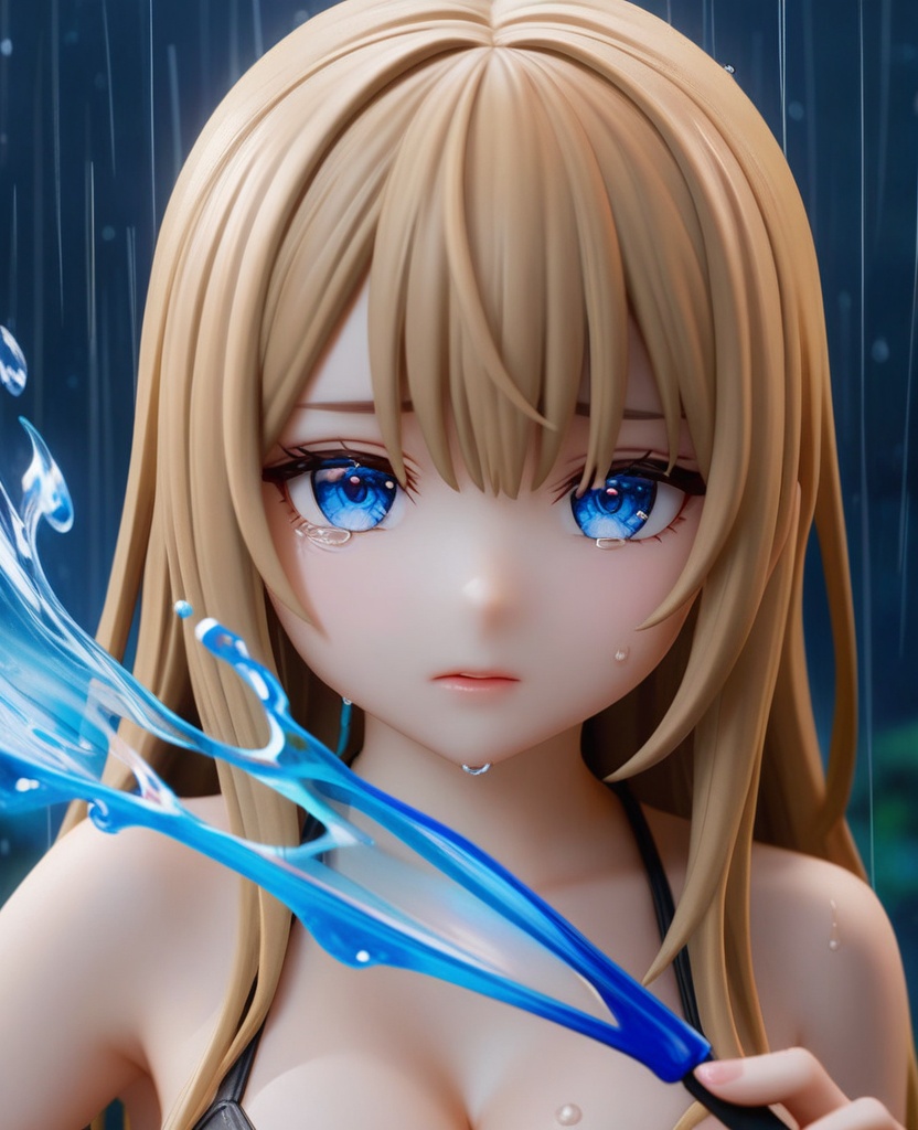 (,1girl, ,best quality, ),looking at viewer,  ,,ultra detailed background,ultra detailed background,ultra realistic 8k cg,  ,masterpiece, (( , )), ultra realistic 8k cg, ,   crying with eyes open,    ,eyelashes,magic,hydrokinesis,sweat, wet, rain, ,       (cleavage), (),