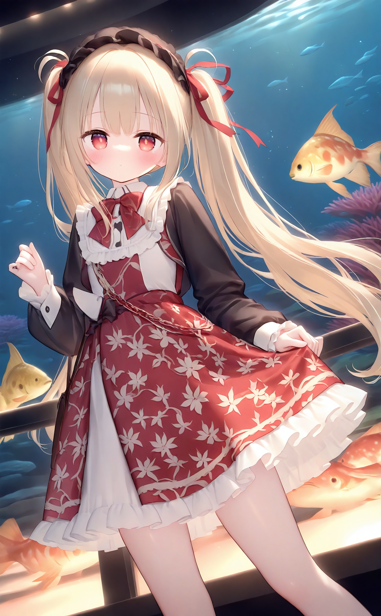 masterpiece,very aware,highres,absurdres,newest,best quality,high quality,loli,petite,chromatic_aberration,//,(loli) standing,frilled dress,golden long hair,twintails,bowtie,beautiful eyes,shamed,dynamic angle,aquarium,fishes,flower patterned dress,crystal,//,year_2023,year_2024,<lora:loli Style——【noob】hans:1>,