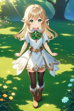 Cute anime elf girl in a white dress with a golden belt, long legs wearing brown boots and black tights standing on the lawn, green eyes, sunlight shining through her hair, in the style of Genshin Impact art, cute cartoon character.