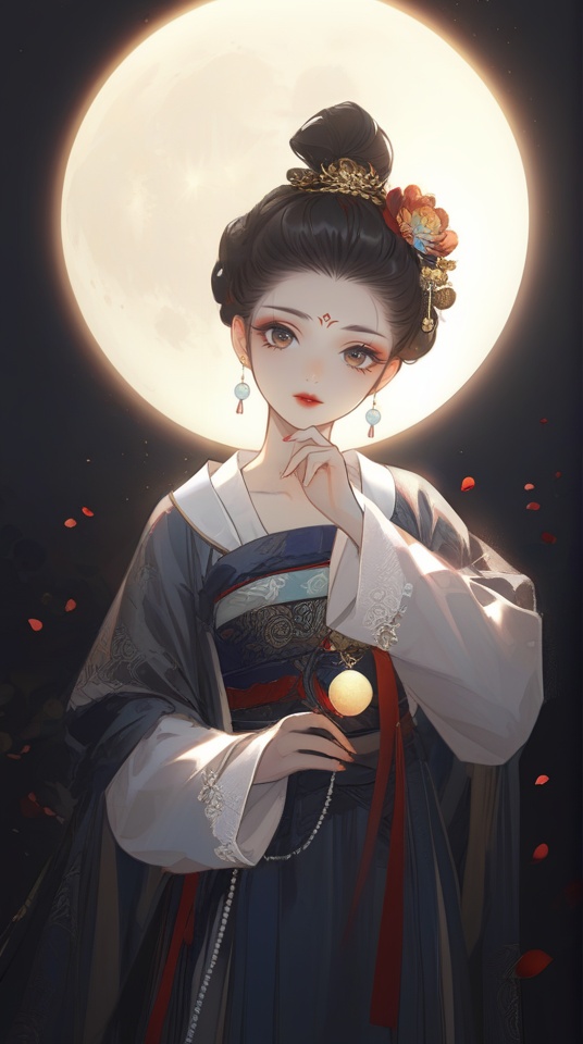 (best quality), ((masterpiece)), (highres), illustration, original, extremely detailed,<lora:Old wind:0.7>licg, 1girl, solo, updo, red lips, hair ornament, long sleeves, moon, robe, full moon, forehead mark, looking at viewer, hanfu, hair pulled back, makeup, chinese clothes, black hair, holding, flower, beads, hair flower, facial mark, sash, lipstick, shawl, hair bun, eyelashes, single hair bun, short hair, petals
