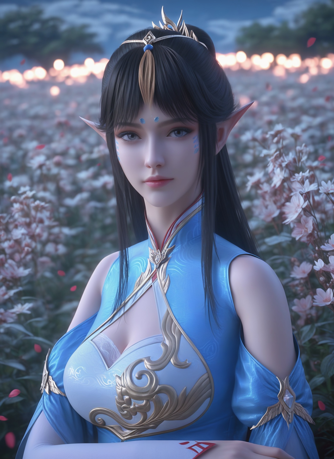 fengqinger,<lora:fengqingerXL:0.8>,score_9,score_8_up,score_7_up,32K UHD,8k,4k,best quality,realistic,extremely detailed cg 8k wallpaper,ultra-detailed,Dark light,dark scene,masterpiece,sharp focus,unconventional supreme masterpiece,masterful details,temperate atmosphere,with a high-end texture,translucent,luxurious sharp focus,intense,dynamic cinematic color,intricate detail,located artistic,Fashion and art,elegant and sophisticated,innovative use of light and shadow,decorative,allegorical,symbolic,with a high-end texture,low saturations,dim lighting,1girl,solo,looking at viewer,{sexy stockings|cowl neck stockings|black stockings|plaid tights|nude stockings|thigh-high socks|leggings|pantyhose|seamless stockings},pale_skin,(shiny_skin:0.8),shorts,big breasts,cleavage,bra,framed breasts,high detailed skin,closed mouth,pointy ears,black hair,long hair,facial mark,hair ornament,forehead mark,bare shoulders,flower field,petals,(breast grab:0.8),outdoors,clothing cutout,blue dress,hair ornament,shoulder cutout,cleavage cutout,expressionless,chinese clothes,