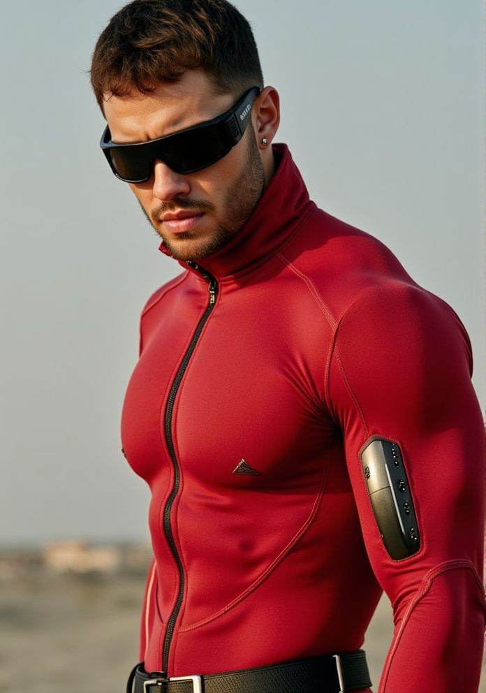 aaron owen ,  Hi-res photo. He wears futuristic electronic glasses. He is wearing a light red,  close fitting flight suit...