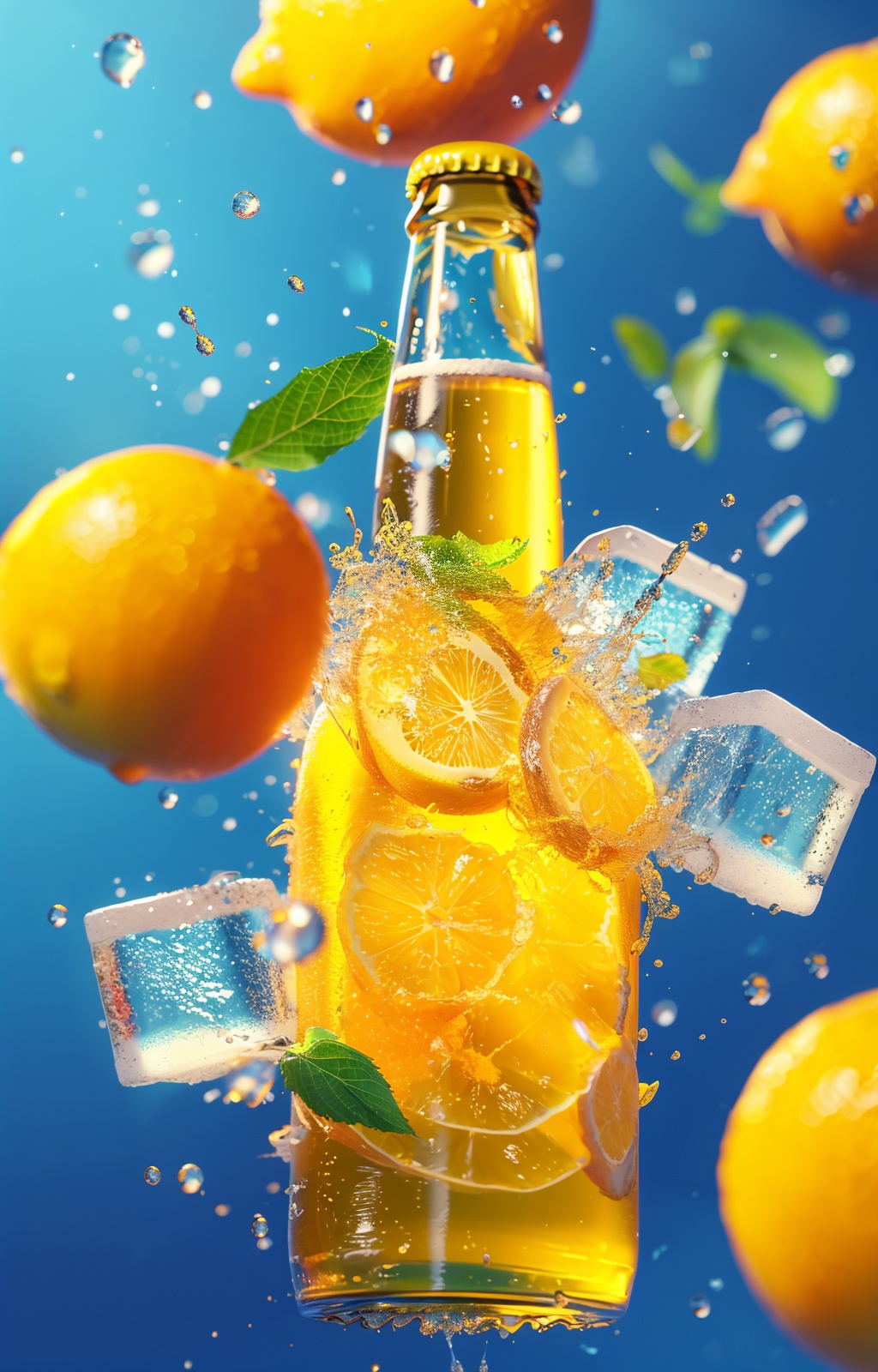 pijiuzz,no humans,beer bottle,depth of field,lemon,ice,water droplets,ice cubes,and lemon slices collide around the product against a blue background,with juice surrounding the fruit flavored beer bottle,providing a high sense of realism and meticulous style,with bright colors,<lora:pijiupz:1>,