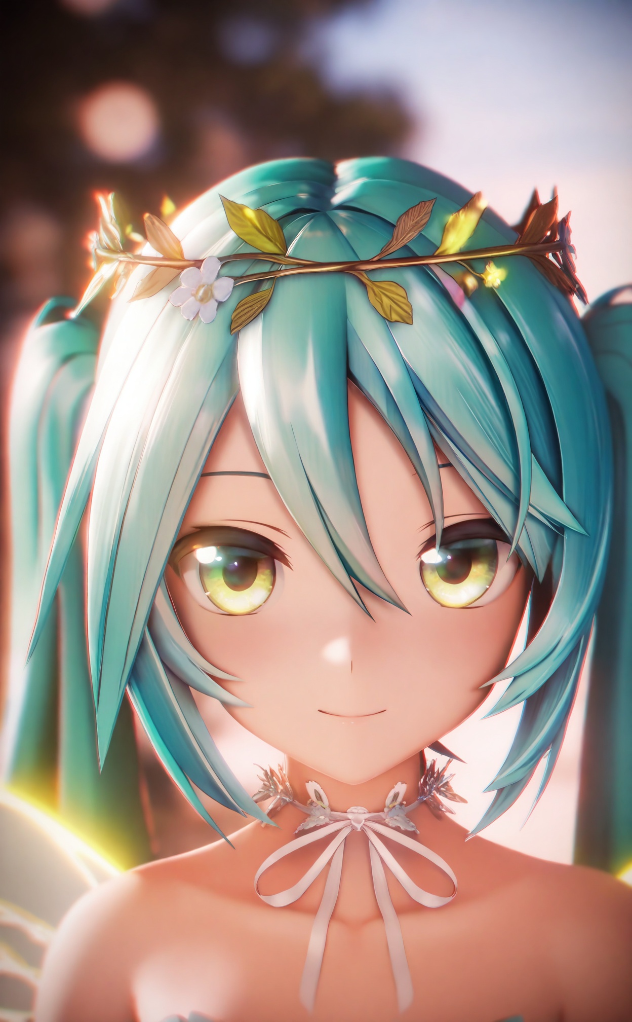 masterpiece,absurdres,best quality,loli,petite,high quality,chromatic_aberration,//,1girl,hatsune_miku,wings,solo,blurry,twintails,blurry_background,looking_at_viewer,aqua_hair,long_hair,bare_shoulders,head_wreath,bokeh,hair_between_eyes,depth_of_field,fairy_wings,choker,upper_body,green_eyes,closed_mouth,light_smile,hair_ornament,ribbon,yellow_eyes,collarbone,backlighting,flower_wreath,smile,transparent_wings,neck_ribbon,portrait,fairy,insect_wings,flower,blue_hair,glowing,hair_flower,ribbon_choker,white_ribbon,//,Depth of field,(colorful),hdr,Tyndall effect,depth of field,Tyndall Effect,blurry,blurry_background,depth_of_field,bokeh,glowing,//,<lora:MMDguangwuran4——【noob】hans:1>,