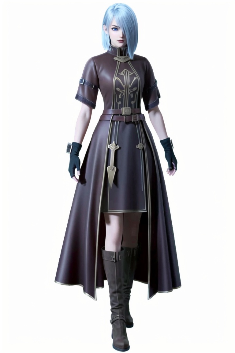 ((HRD, HUD, 8K)),((masterpiece, best quality)), highly detailed, soft light,1girl, solo, short hair, bangs, blue hair, white hair, hair over one eye, blue eyes, lips, belt, gloves, boots, simple background, white background, full body, long legs, standing, looking at viewer,  <lora:20240425-1714007036601:0.72>