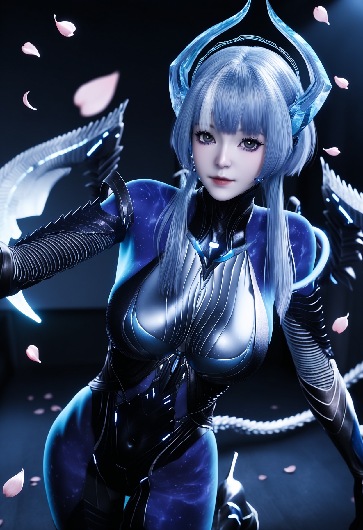 masterpiece,best quality,amazing quality,high resolution,ultra-detailed,absurdres,(looking at viewer:1.1),upper body,(Dark room:1.3),(moody lighting:1.1),peach blossom,falling petals BREAK large breasts,babata,1girl,solo,blue hair,short hair,horns,bodysuit,blue eyes,wings,blue skin,blunt bangs,tail,short hair with long locks,sidelocks,grey hair,black eyes,armor,headgear,white hair,high heels BREAK photorealistic details,<lora:QQSillbabataV1:0.8>,