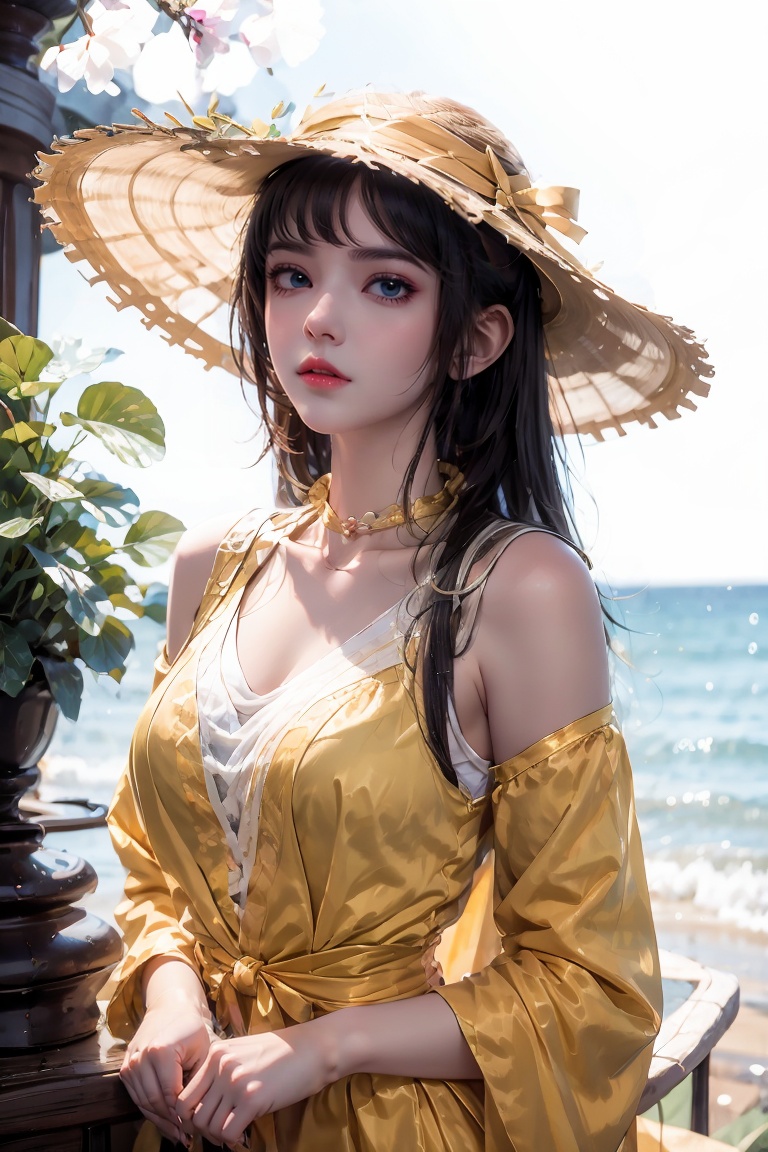 cheng,1girl,solo,(upper body:1.3),Medium boobs, large breasts,long hair,black hair,long sleeves,dress,holding,jewelry,standing,full body,ponytail,necklace,high heels,looking to the side,yellow dress,yellow skirt,sun hat,realistic,straw hat,pearl necklace,outdoors,looking at viewer,masterpiece,best quality,official art,unity 8k wallpaper,Brilliant colors,exaggerated art,,<lora:20240614-1718346849273:0.8>