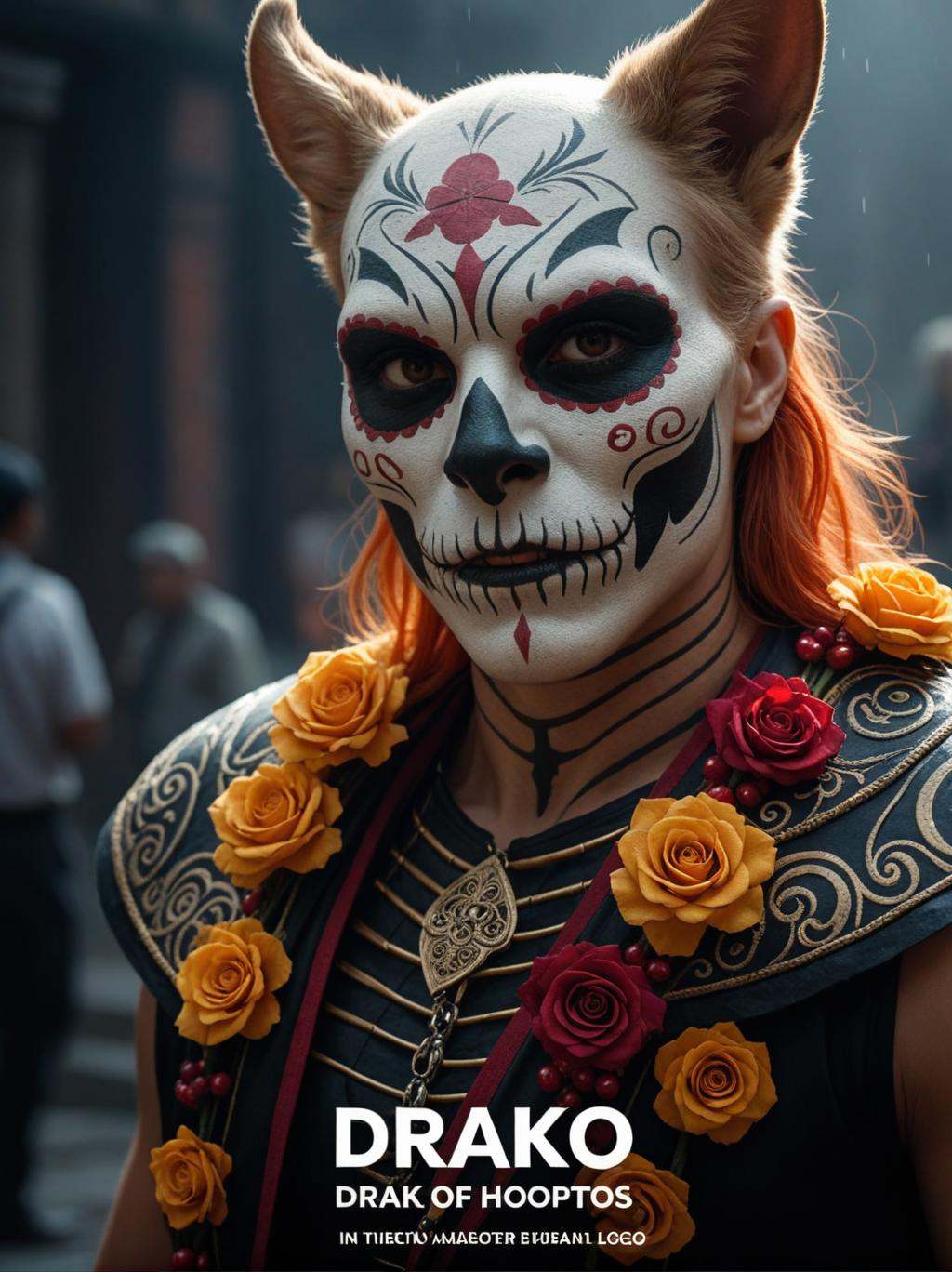 (movie poster with title and text graphics:1.3) (under the title banner text logo "D\R\A\K\O":1.5),, dia de los muertos photorealistic, cinematic lighting, dark atmosphere, volumetric lighting, action pose, epic scene, lots of fine detail, movie style, photography, natural textures, natural light, natural blur, photorealism, cinematic rendering, ray tracing, highest quality, highest detail, Cinematic, Blur Effect, Long Exposure, 8K, Ultra-HD, Natural Lighting, Moody Lighting, Cinematic Lighting, hyper-realistic, vibrant, 8k, detailed, ultra detail,