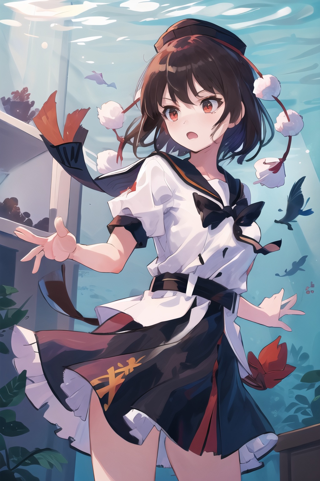 1girl,solo,shameimaru aya,tokin hat,hat,sailor,aquarium,short hair,pom pom \(clothes\),red headwear,red eyes,brown hair,<lora:shameimaru aya002-000012:0.65>,