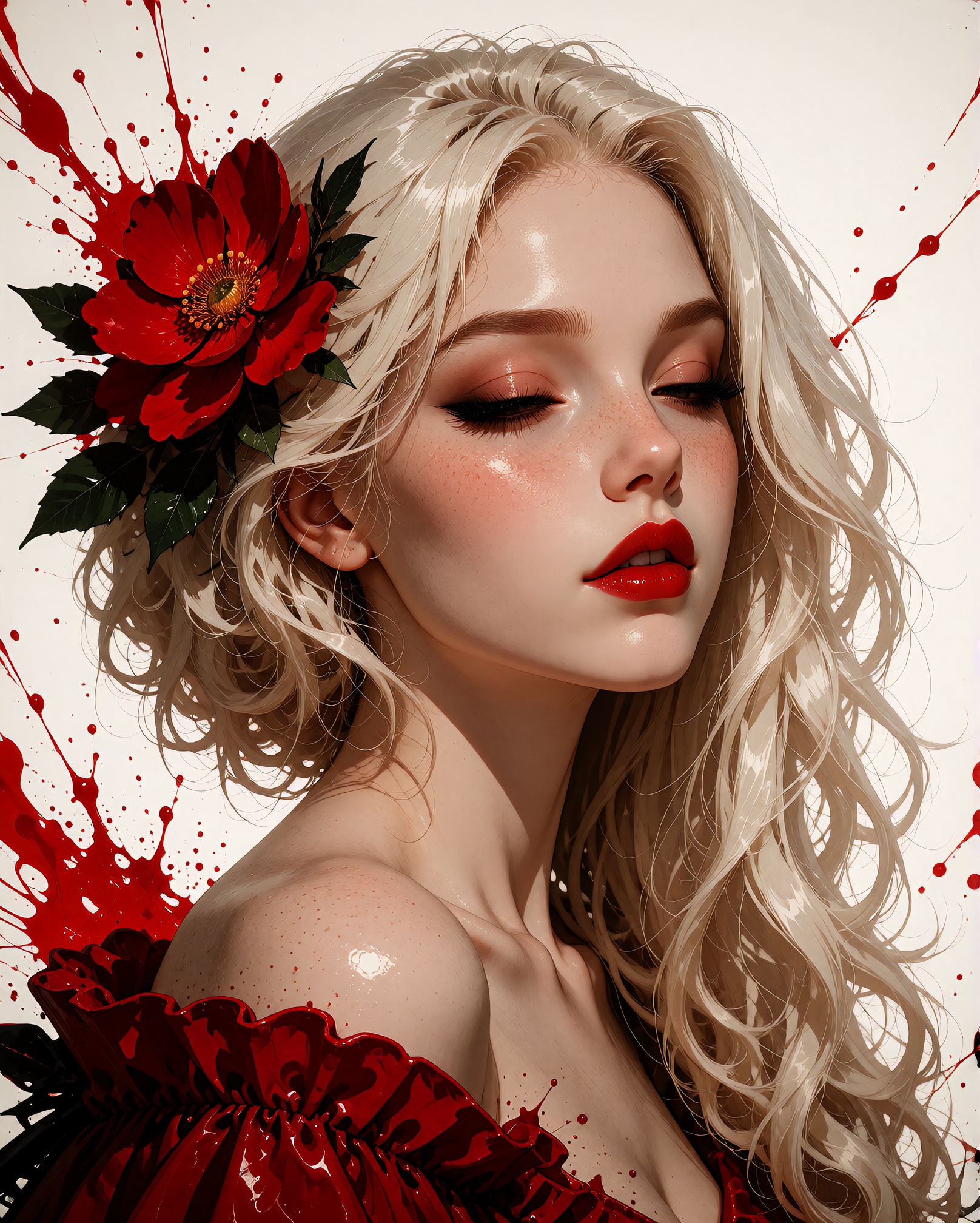A digital illustration shoot from a portrait angle about a portrait of a ***** woman with long blonde hair adorned with re...