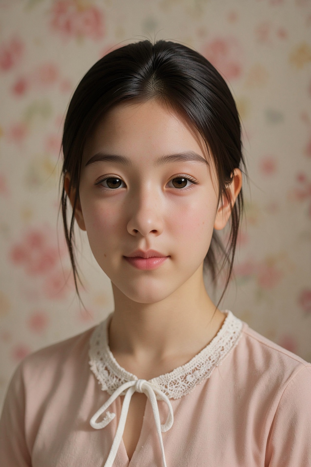 A young East Asian woman,  likely in her late teens or early twenties,  is captured in a medium-close up shot. She has fai...