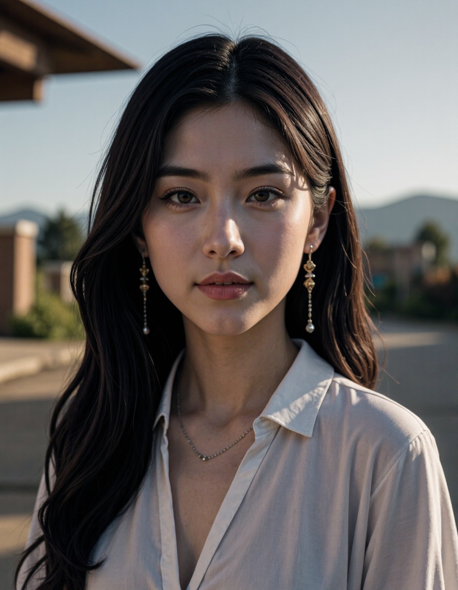 cinematic, 1girl, solo, (smirk:0.5), jewelry, realistic, black hair, earrings, looking at viewer, upper body, long hair, shirt, outdoors,